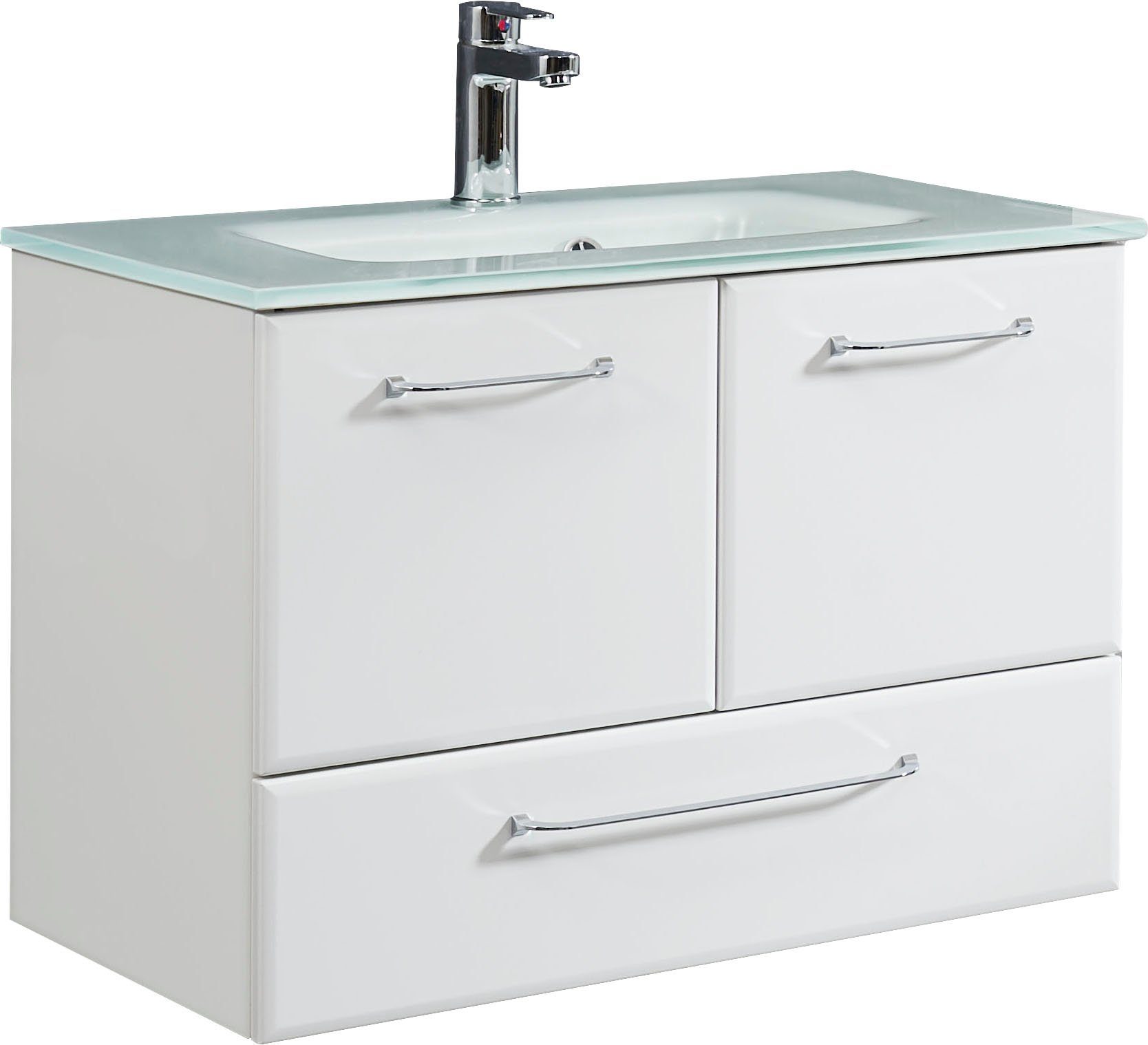 Saphir Wastafelonderkast Quickset glazen wastafel met onderkast, 74 cm breed, wastafel Grepen in glanzend chroom, inclusief deurdemper, 2 deuren, 1