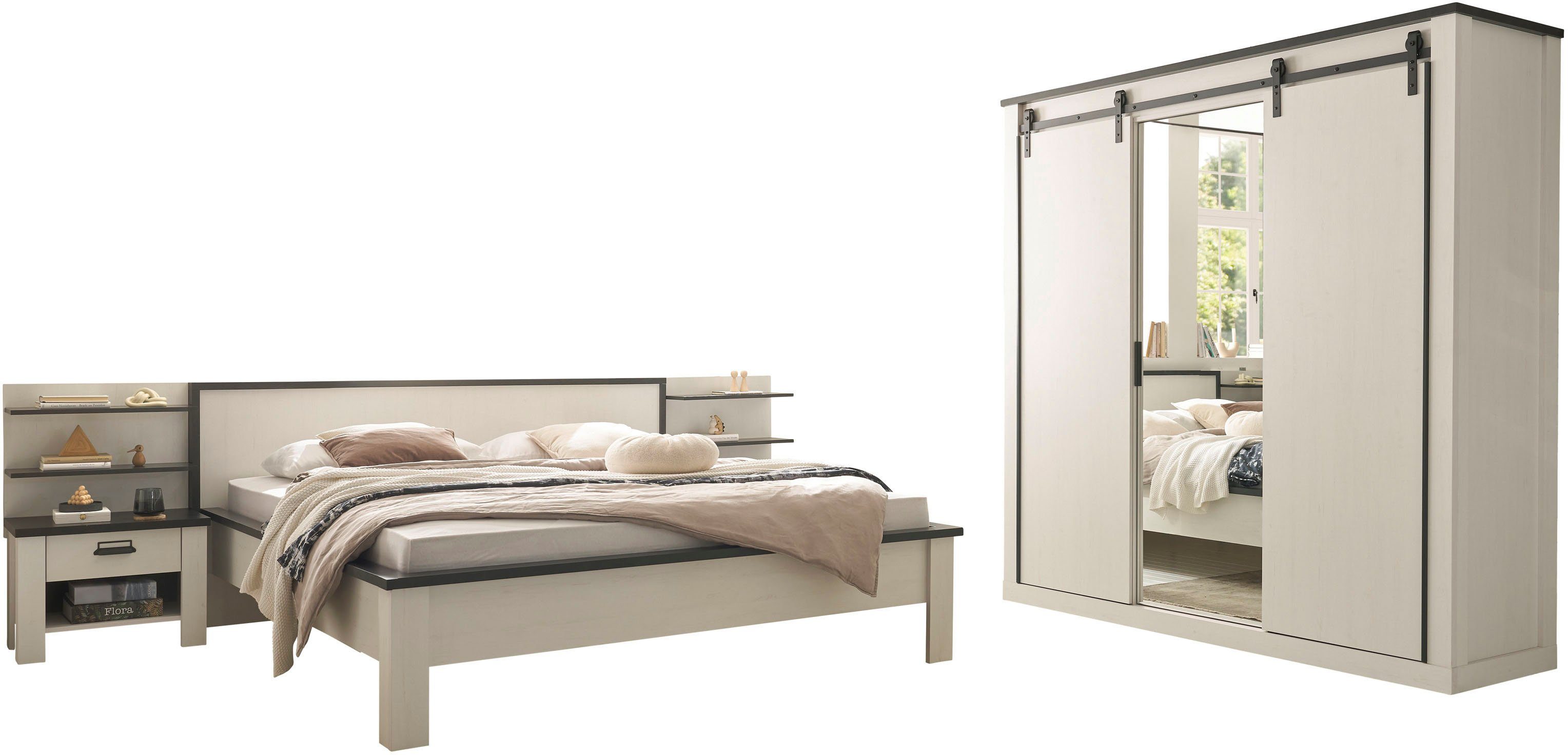 home affaire slaapkamerserie sherwood ligoppervlak 180 x 200 cm, kast 3-deurs 201 cm breed (6-delig) wit