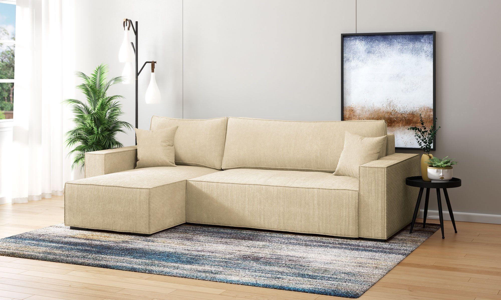 INOSIGN Hoekbank Winton ribfluwelen bank/slaapbank 253 cm Ribfluweel, omkeerbare recamiere, slaapfunctie (130/208 cm), bedbox wit, hoekbanken