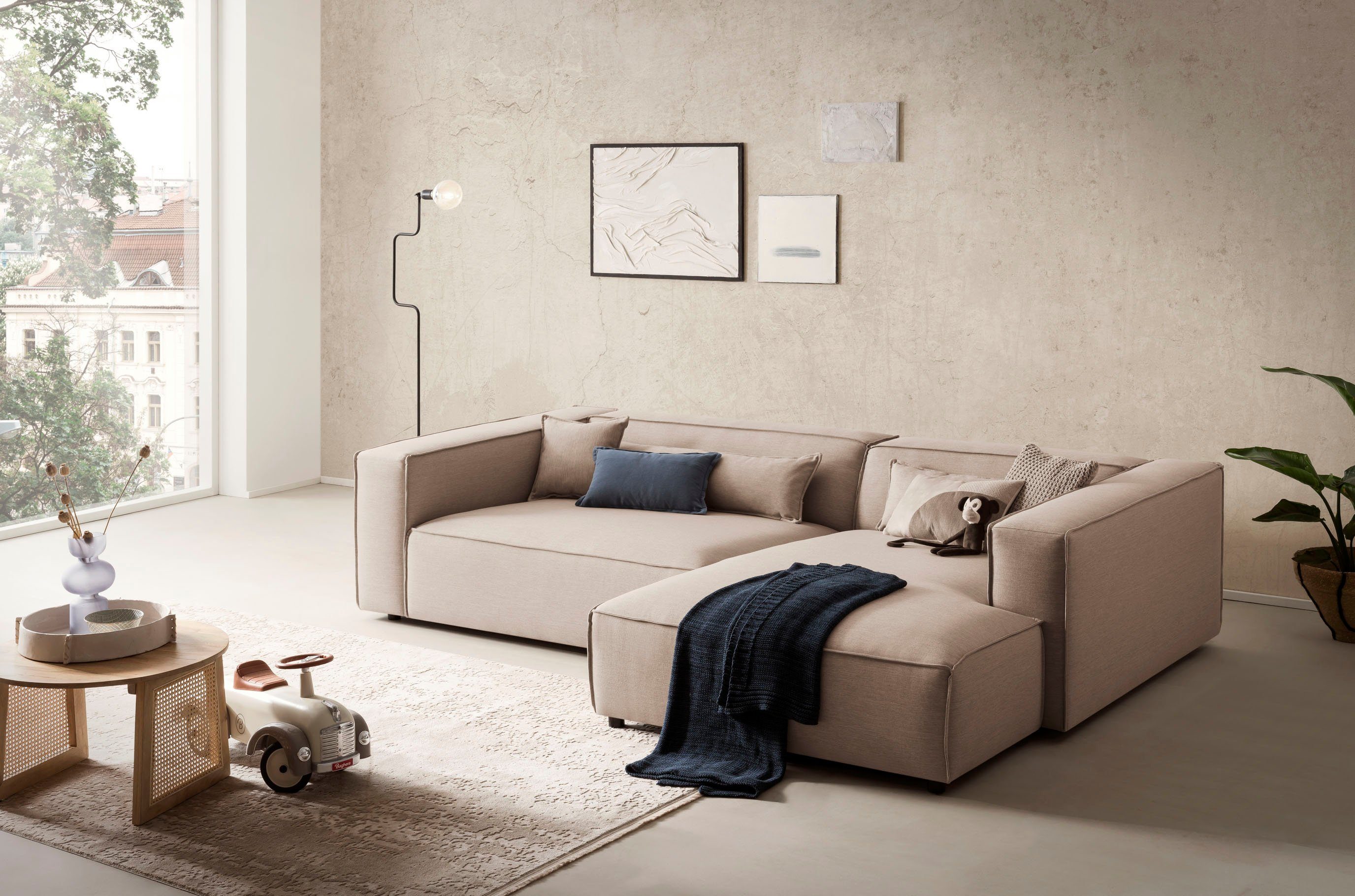 LeGer Home by Lena Gercke Hoekbank PIARA XXL, Big-sofa in cord of linnenlook, L-vorm, met biesnaad