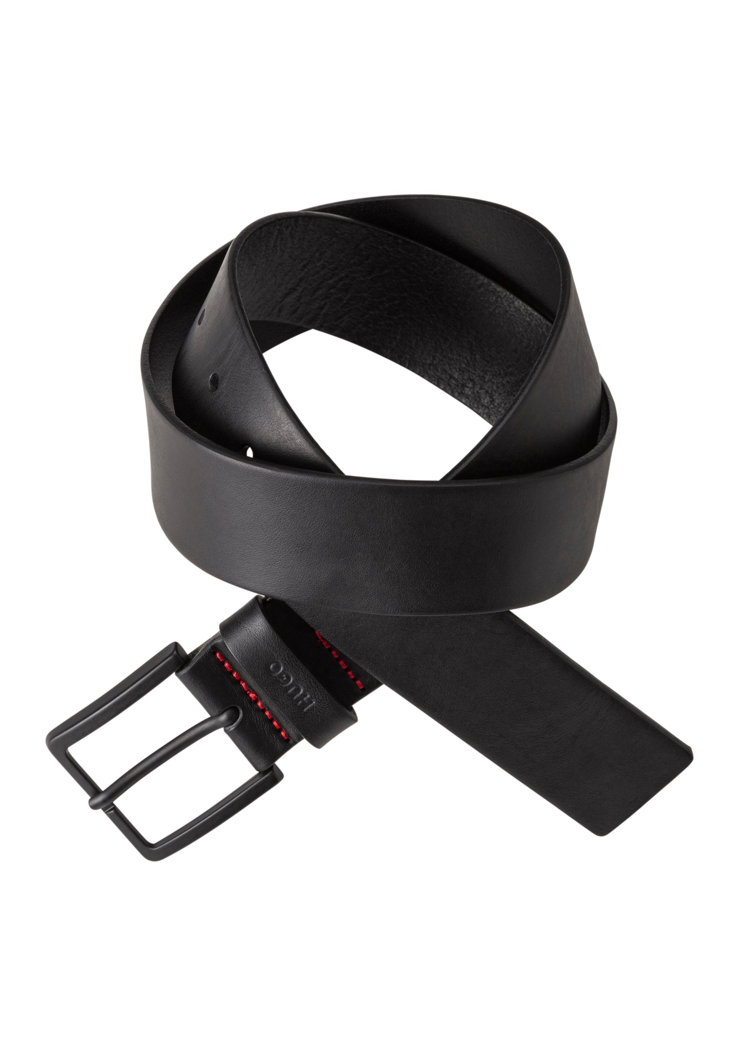 HUGO Leren riem Gionios-B_Sz40 Boss-embossing op de sluiting, rode siernaad
