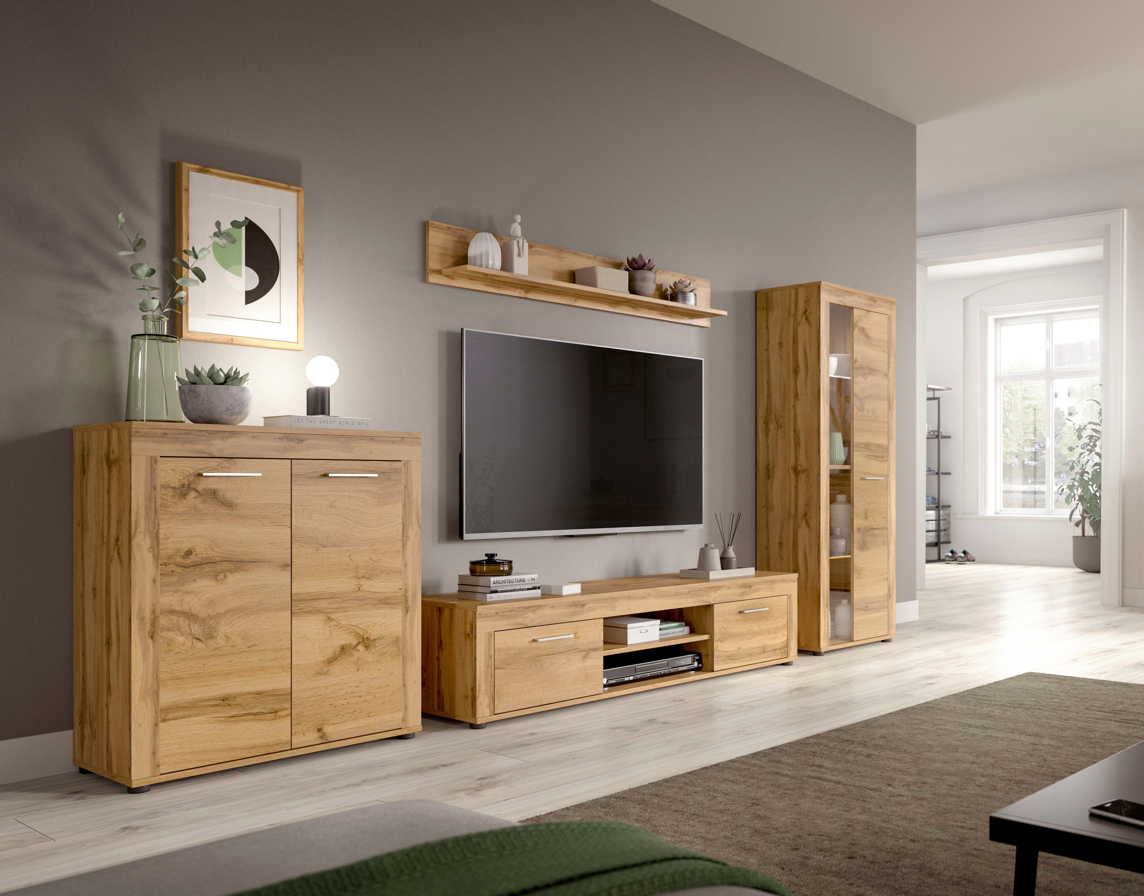INOSIGN Wandmeubel Aosta, Breedte 330cm, bestaand uit Highboard, Lowboard, Wandplank, Vitrine (4-delig)
