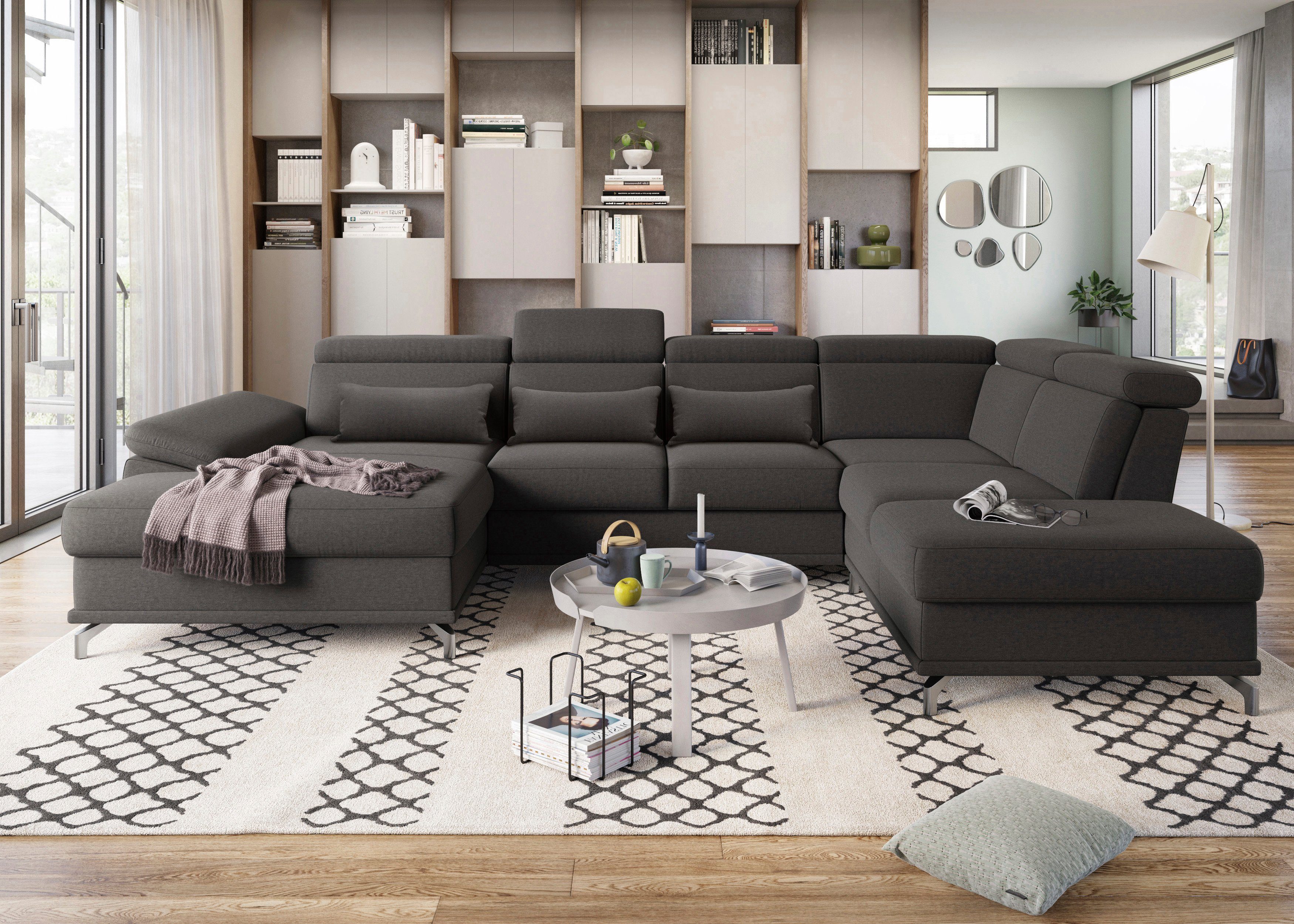 sit&more Zithoek Cabrio U-vorm, met zitdiepteverstelling, arm- en hoofdsteunverstelling grijs, zithoeken, Récamier links, Zonder slaapfunctie-zonder