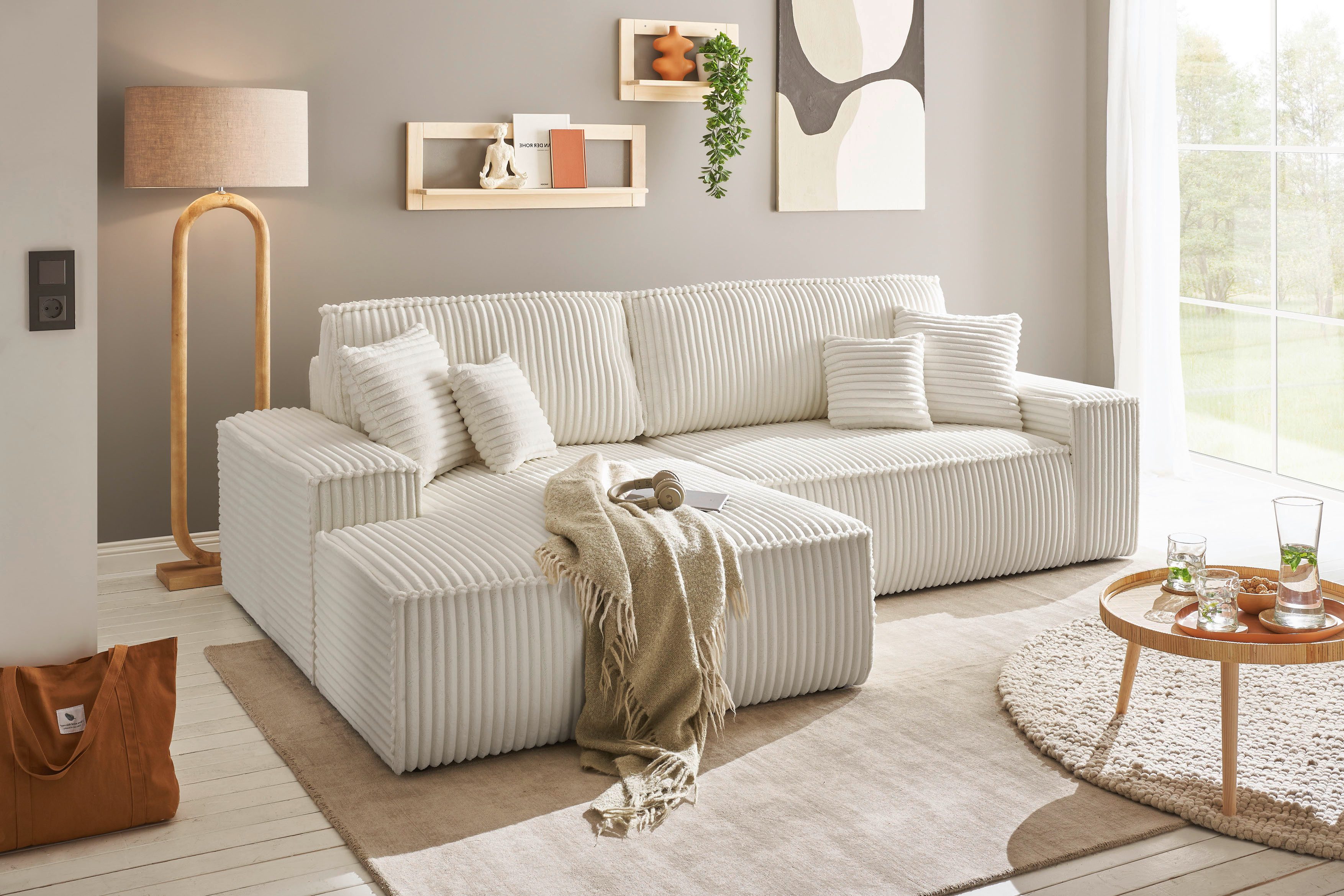 andas Hoekbank FINNLEY Slaapbank 267 cm, L-vorm met Slaapfunctie & Bedlade beschikbaar in de stofkwaliteiten bouclé, structuur fijn en mega cord