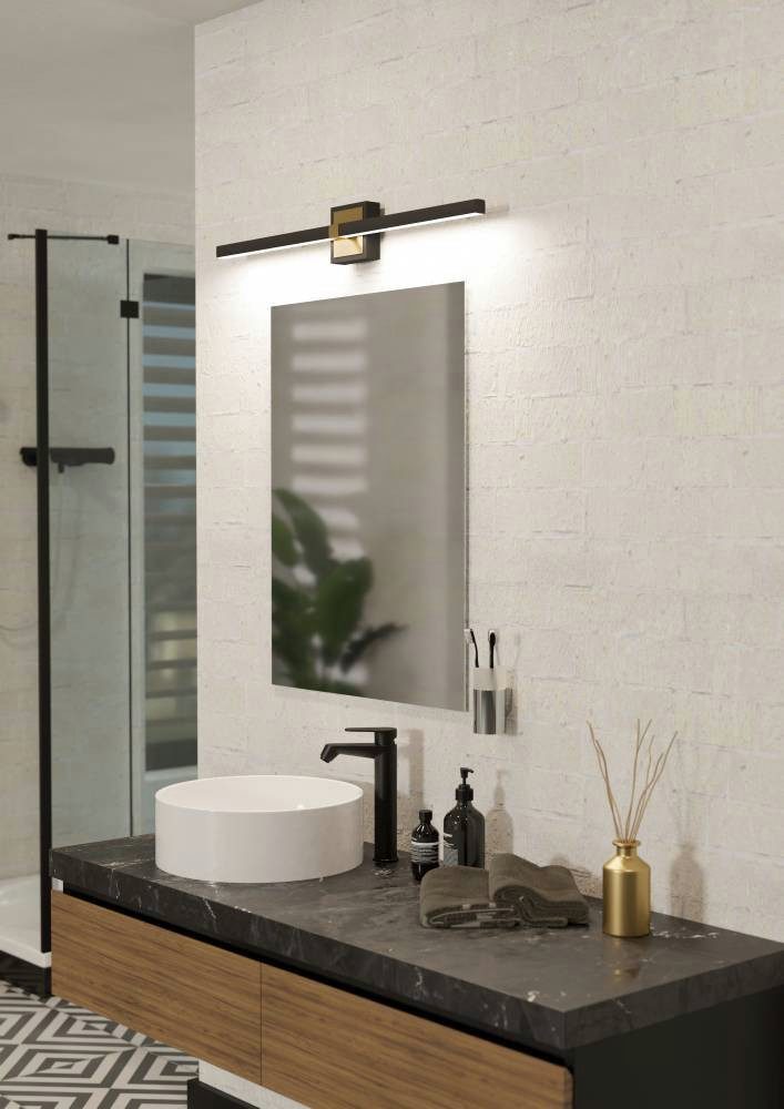 EGLO Wandlamp PEGUERA Spiegellamp, badkamer, metaal, zwart en messing, IP44, 80 cm (1 stuk)