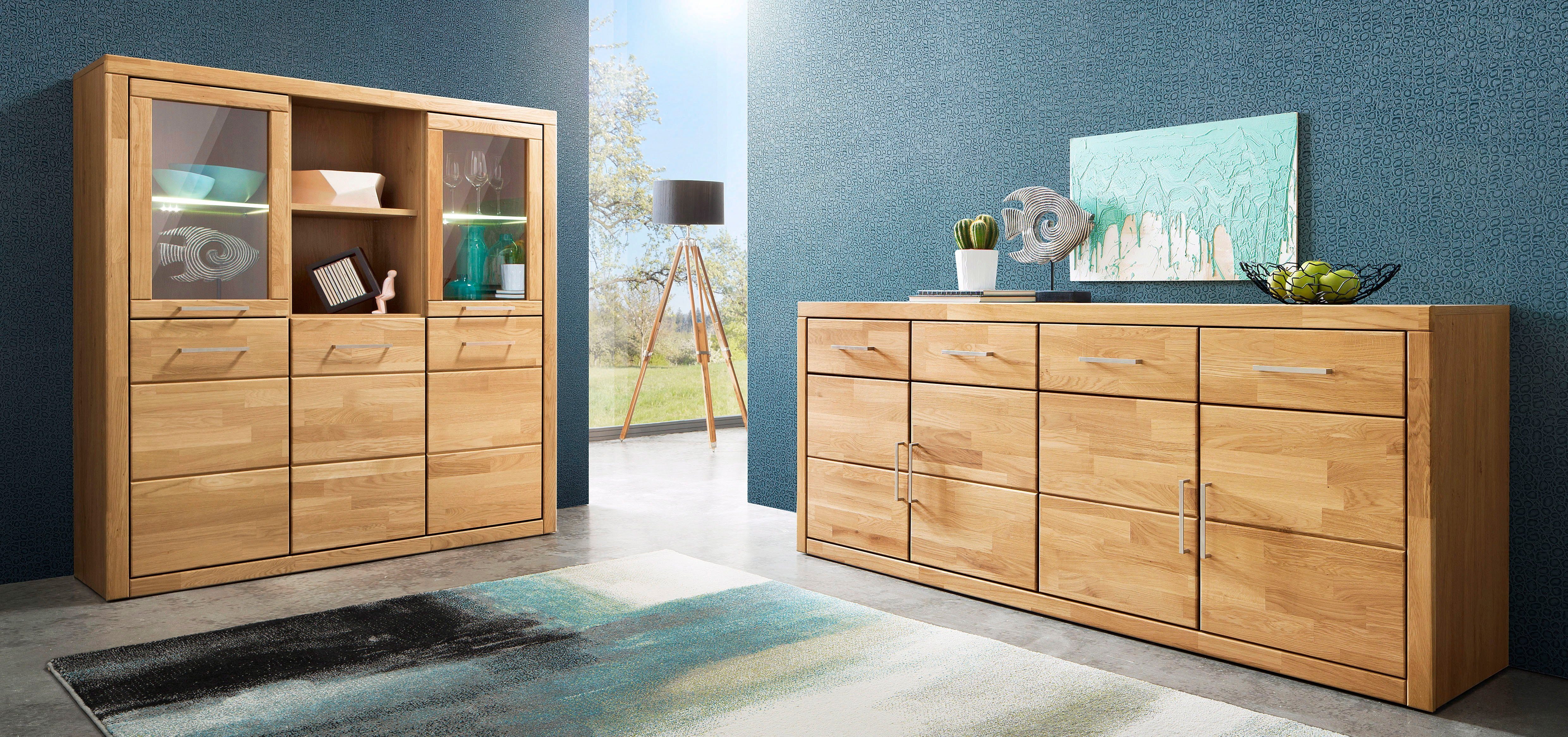 Home affaire Dressoir Trondheim, 200 cm breed, 42 cm diep, fronten massief hout, metalen handgrepen
