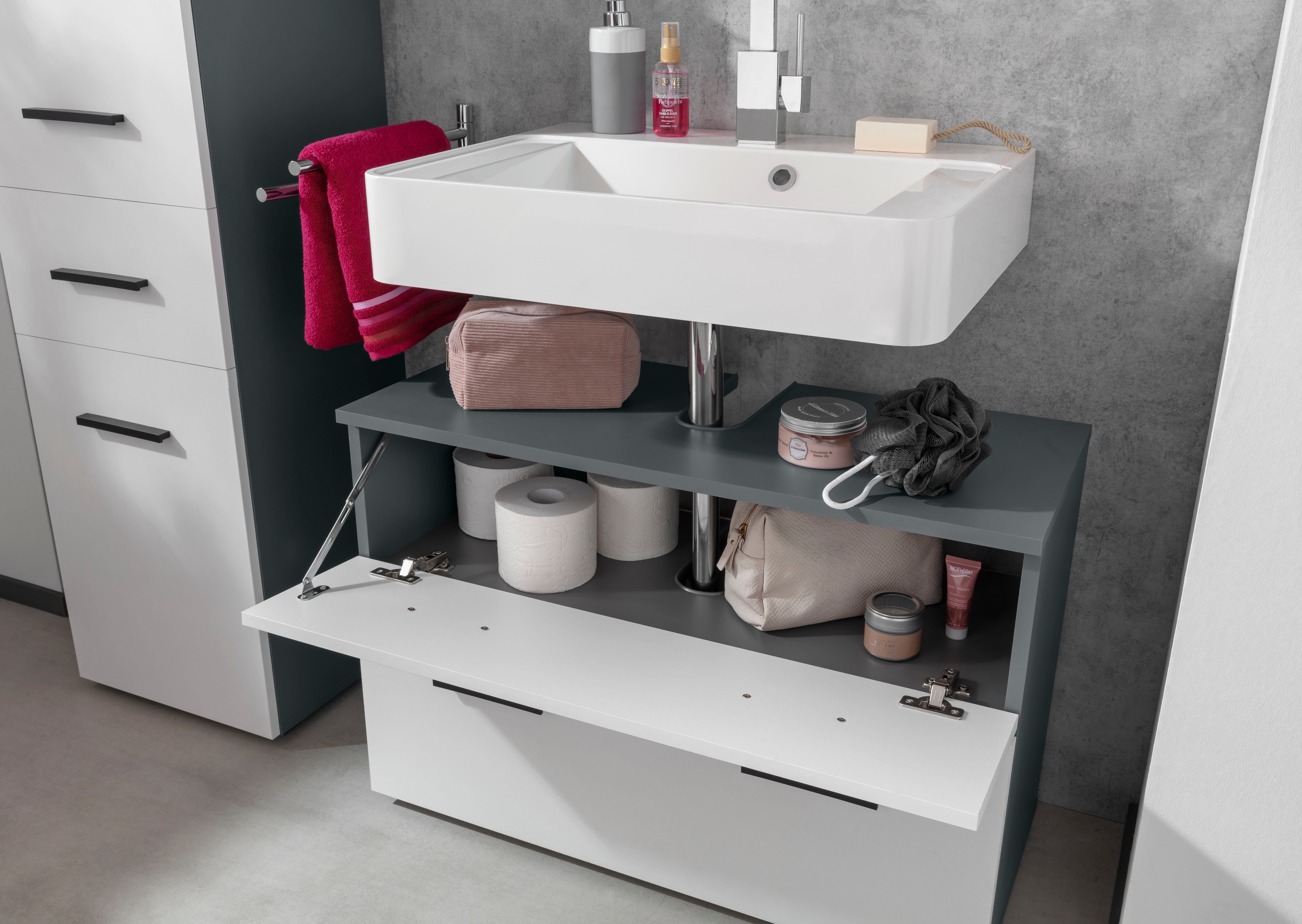 INOSIGN Wastafelonderkast Skara met klep en lade, zwarte grepen, breedte 80 cm, hoogte 55 cm