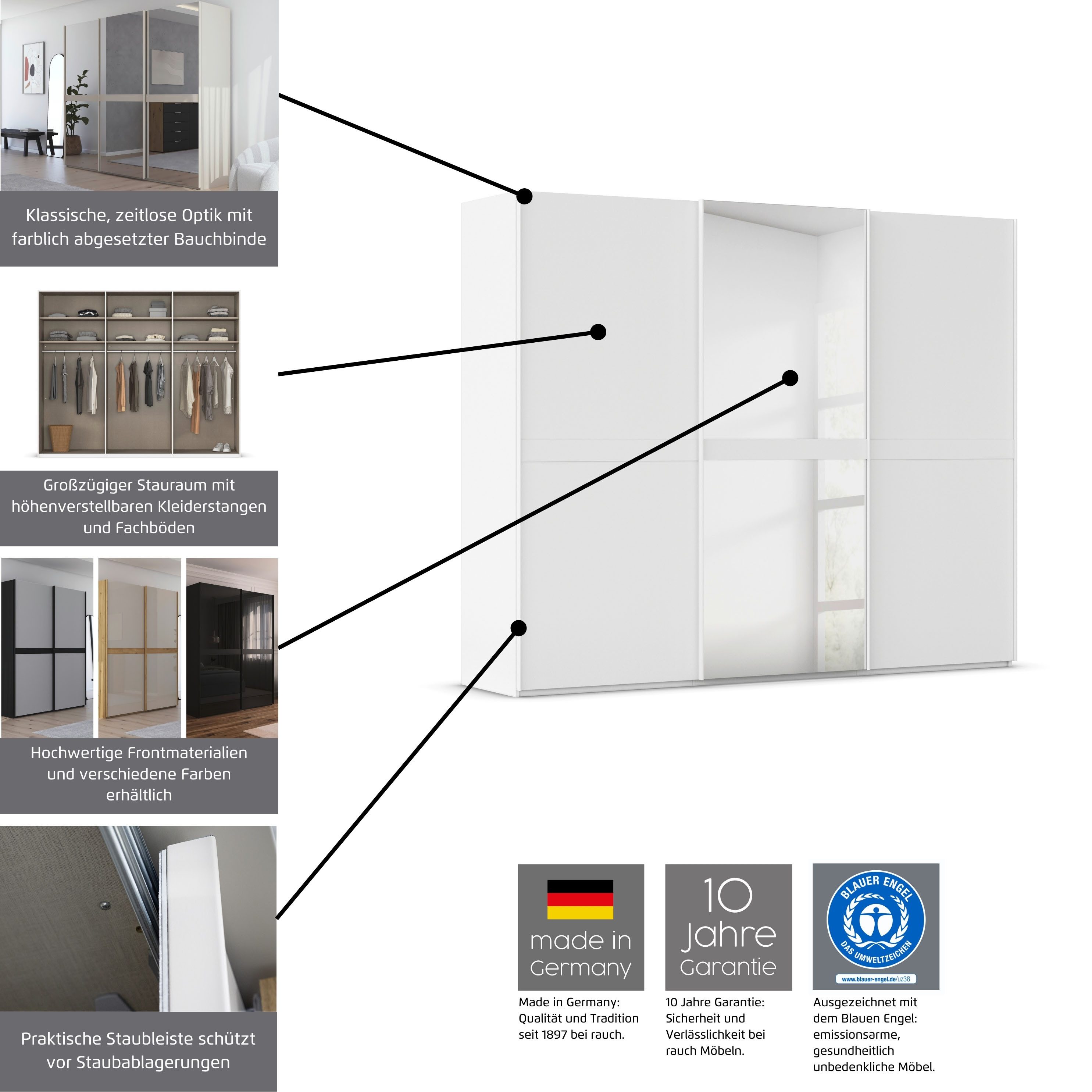 rauch Schuifdeurkast Kledingkast kast garderobe slaapkamerkast SCALE-LINE edel uiterlijk met buikband in corpuskleur spiegelfront made in germany