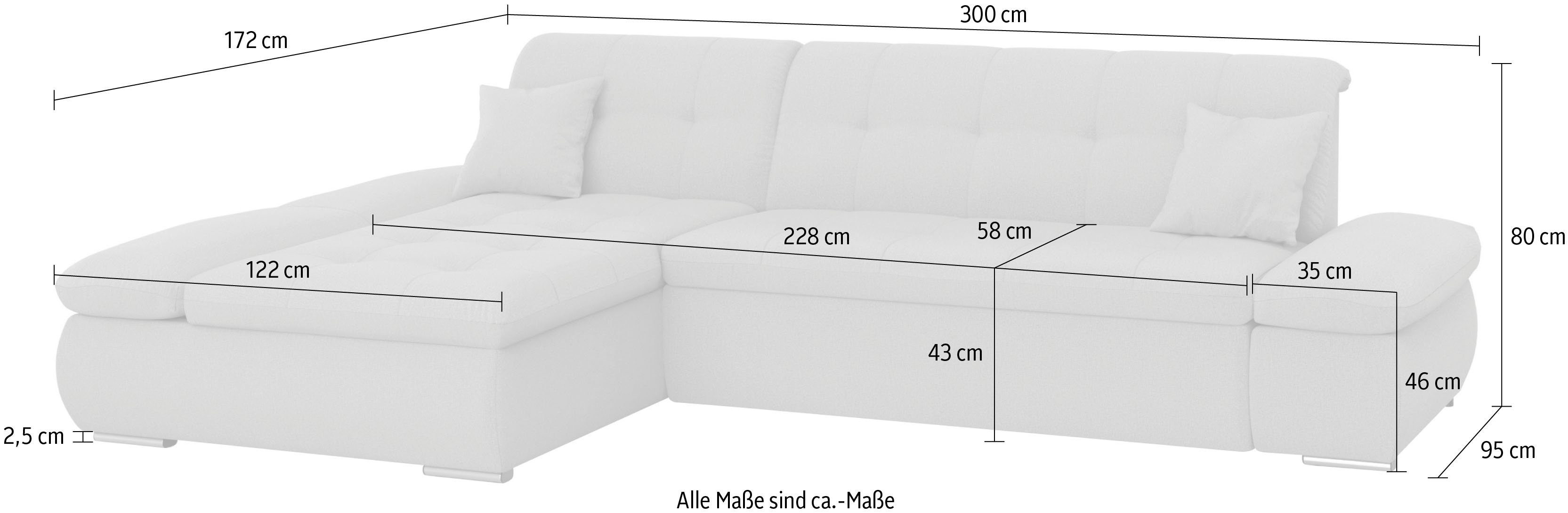 DOMO collection Hoekbank Moric, L-vorm, XXL-bank - Breedte 300cm XXL-formaat, optioneel ook met slaapbank functie en verstelling armleuning,