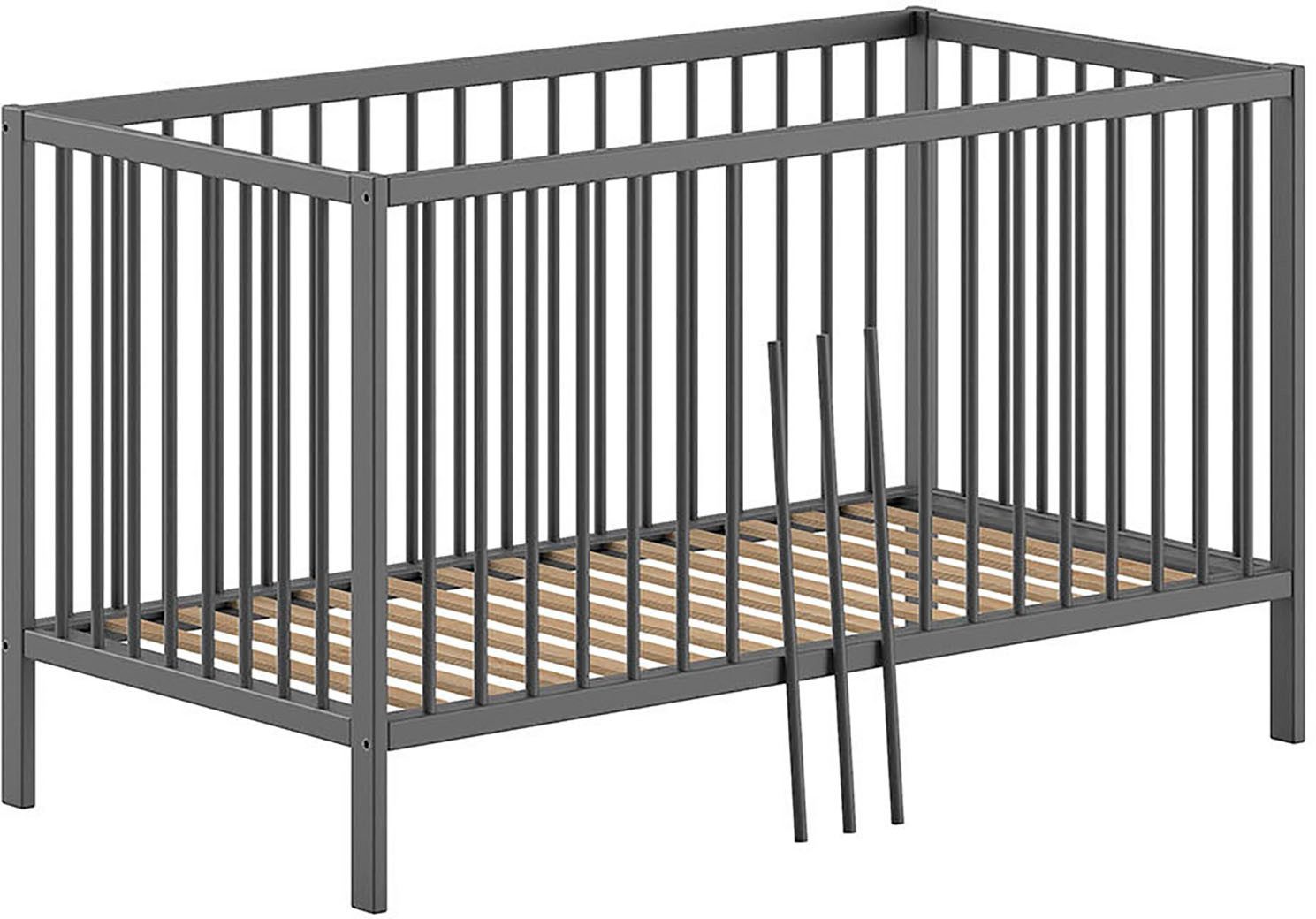 Vipack Ledikantje Dino 70/140 met 3-voudig verstelbare lattenbodem, inclusief 3 instaplatten van massief beukenhout, ombouwbaar tot juniorbed, verkrijgbaar in 3 kleuren