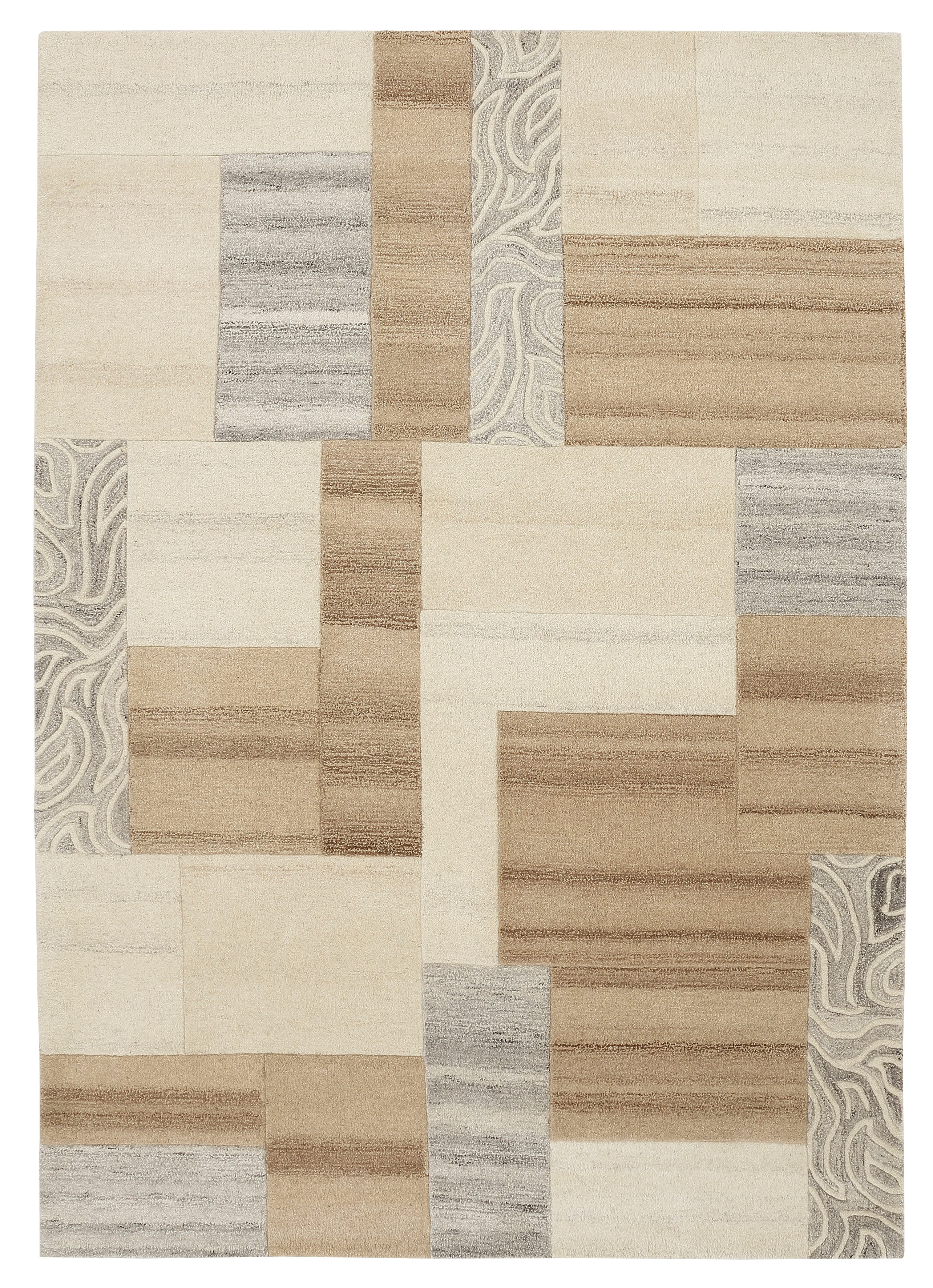 THEKO Wollen kleed Lola, wol, handgemaakt, patchwork ontwerp, handgetufted wollen vloerkleden maat 290 cm x 390 cm x 12 mm bruin