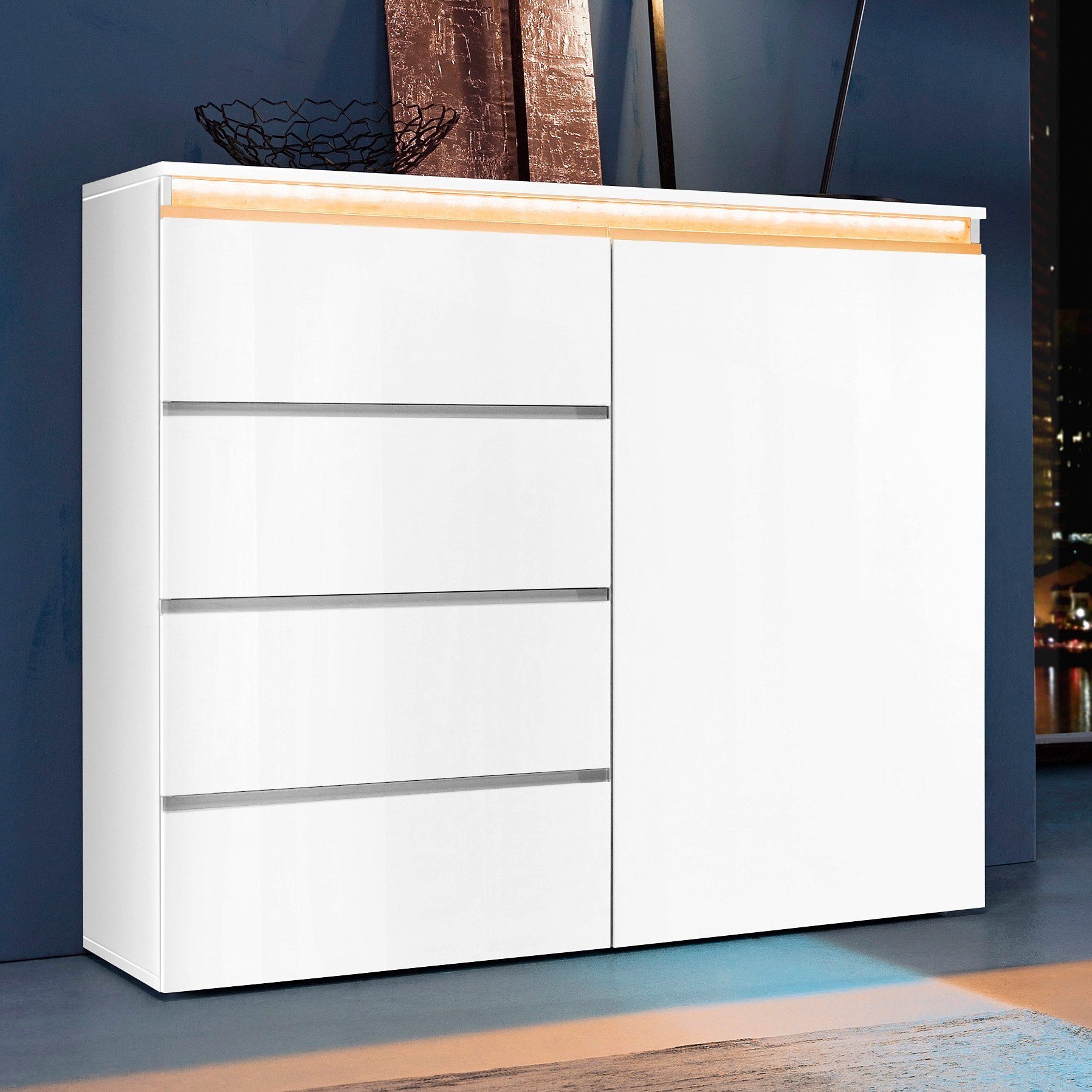 INOSIGN Highboard Magic, highboard, hoge kast, hoge commode met 1 deur en 4 lades, hoogglans gelakt, breedte 120 highboards maat 120x40x105 cm wit
