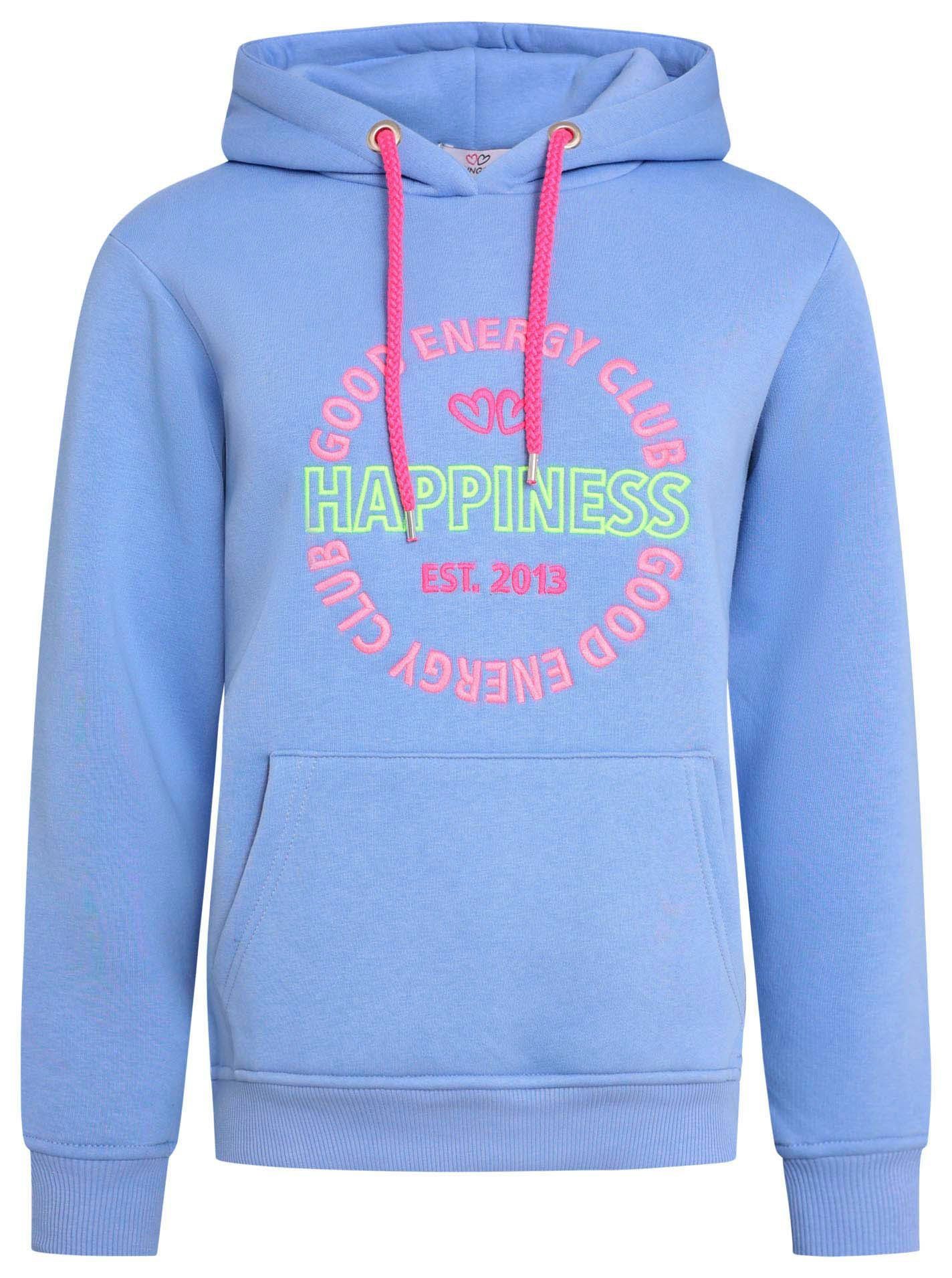 Zwillingsherz Sweatshirt met neonkleurig borduursel en inscriptie op de rug