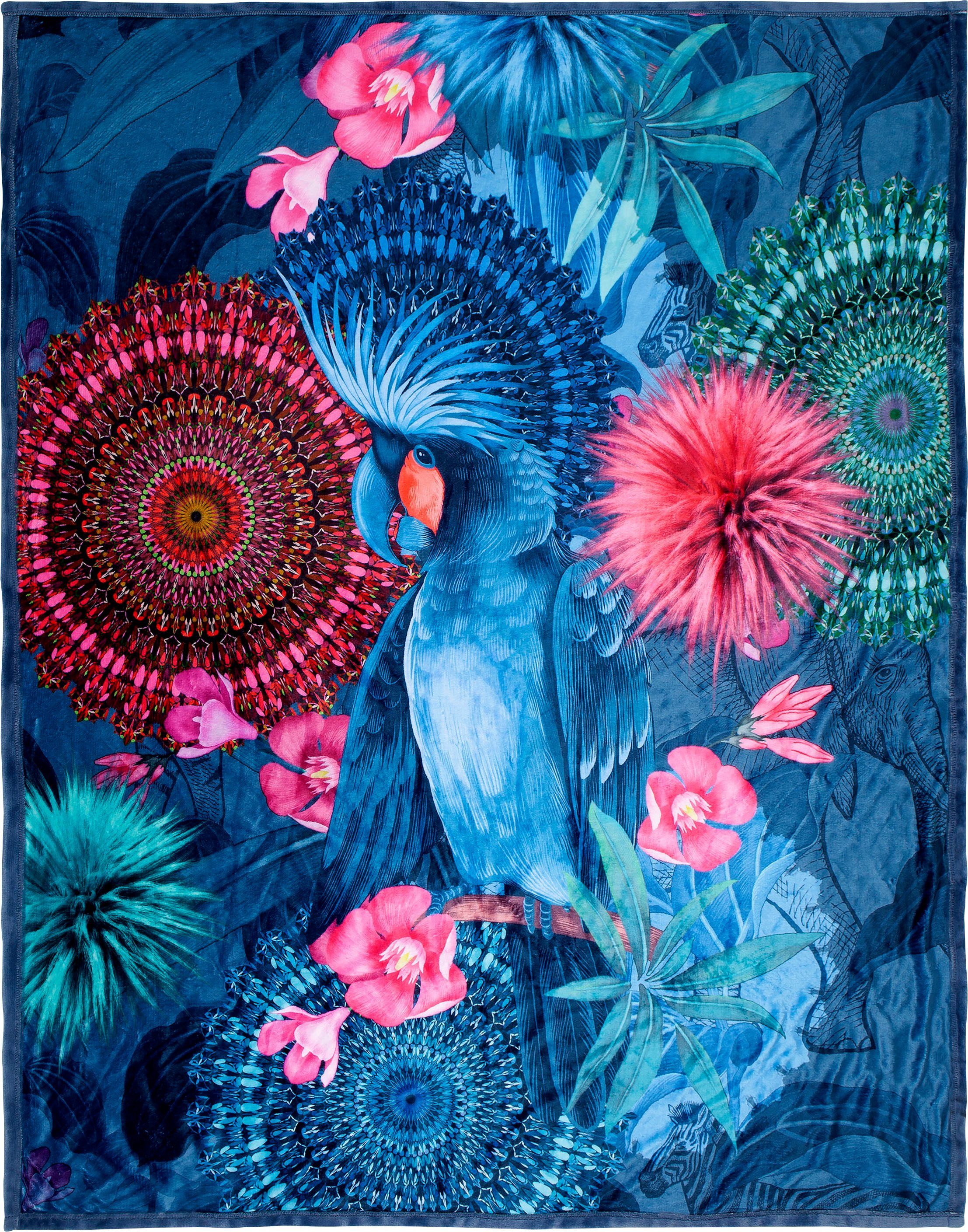 hip Plaid Ofelia Zacht, knuffeldeken, 130x160 cm, omkeerbaar, mandala, papegaai, blauw plaids blauw