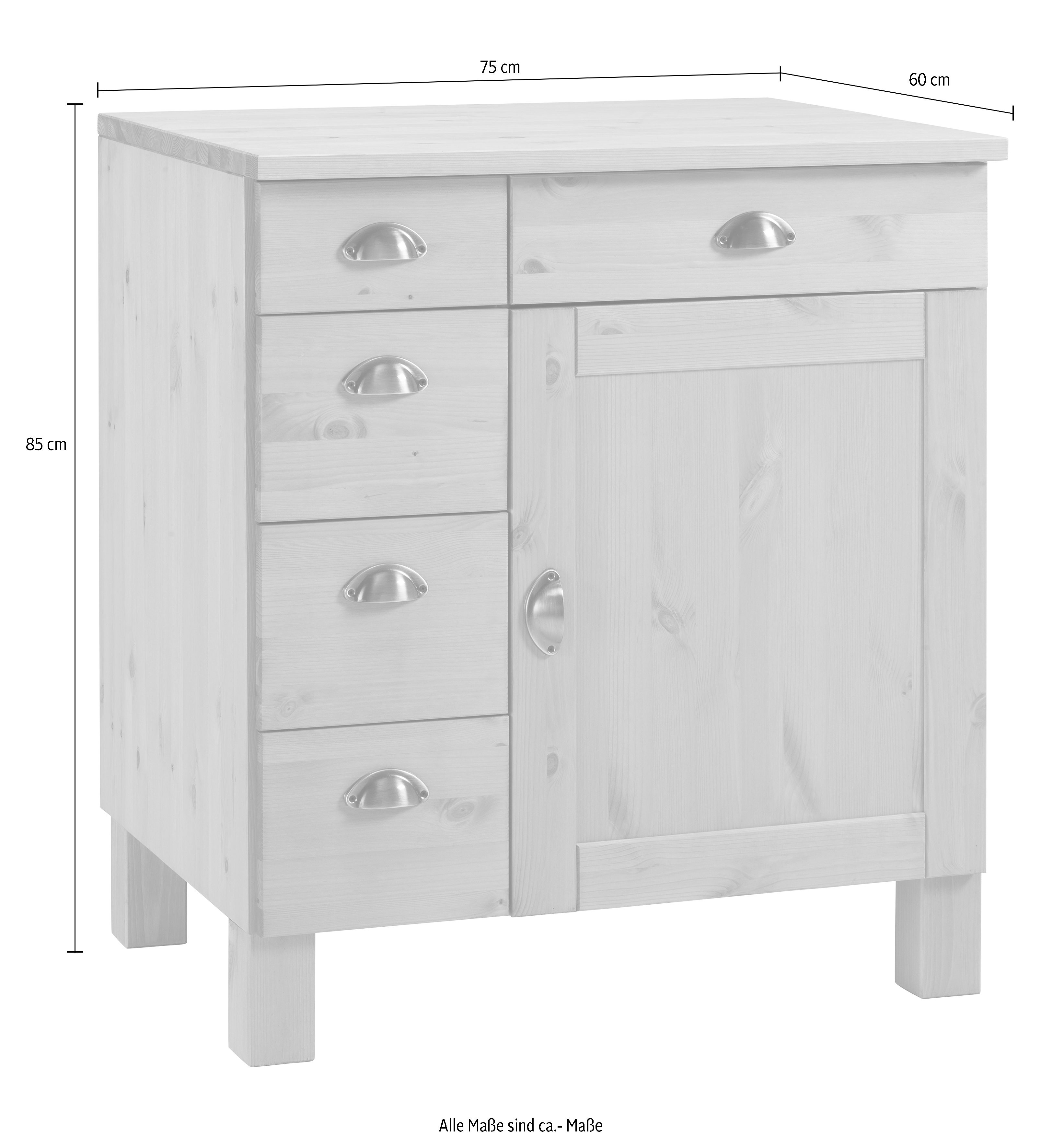 Home affaire Onderkast Oslo 75 cm breed, 1 deur, 5 laden, van grenen, metalen grepen
