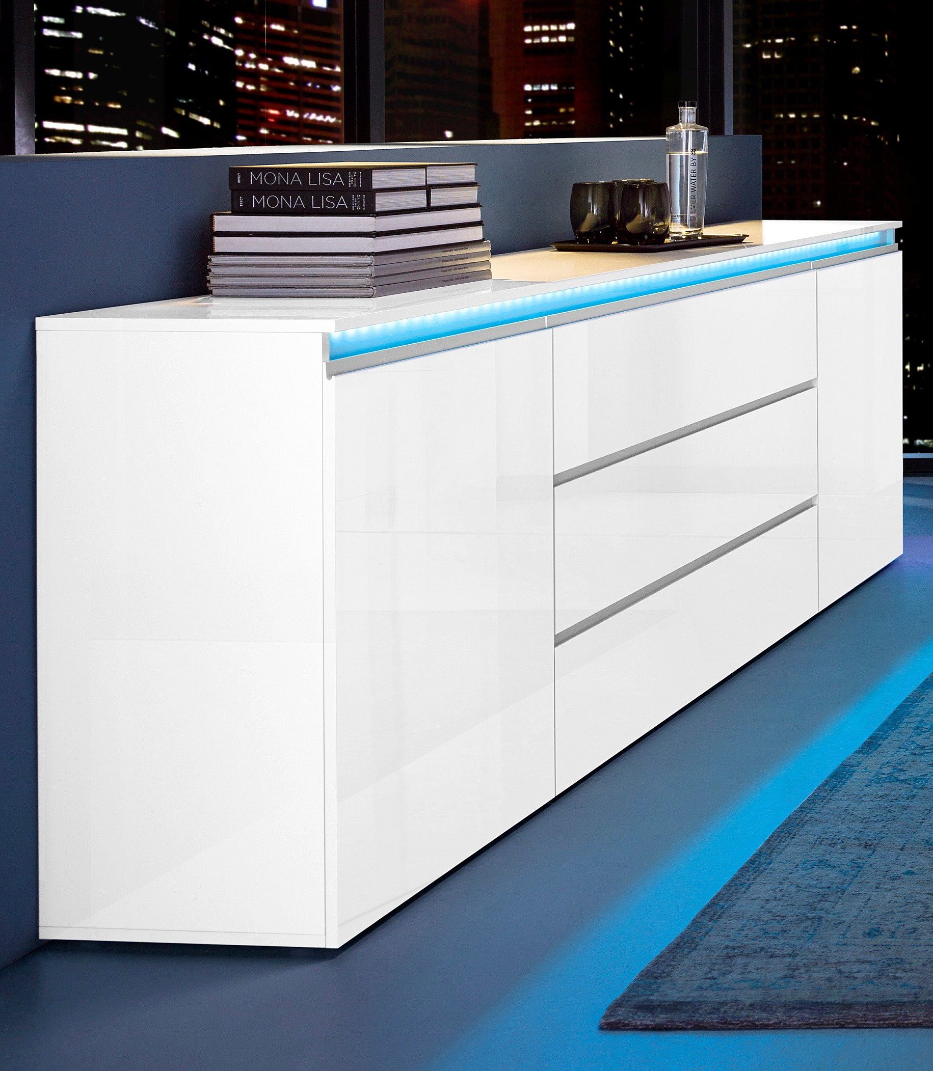 INOSIGN Dressoir Magic, commode, kast, dressoir met 2 deuren en 3 lades hoogglans gelakt (b/d/h) 240x40x80 cm