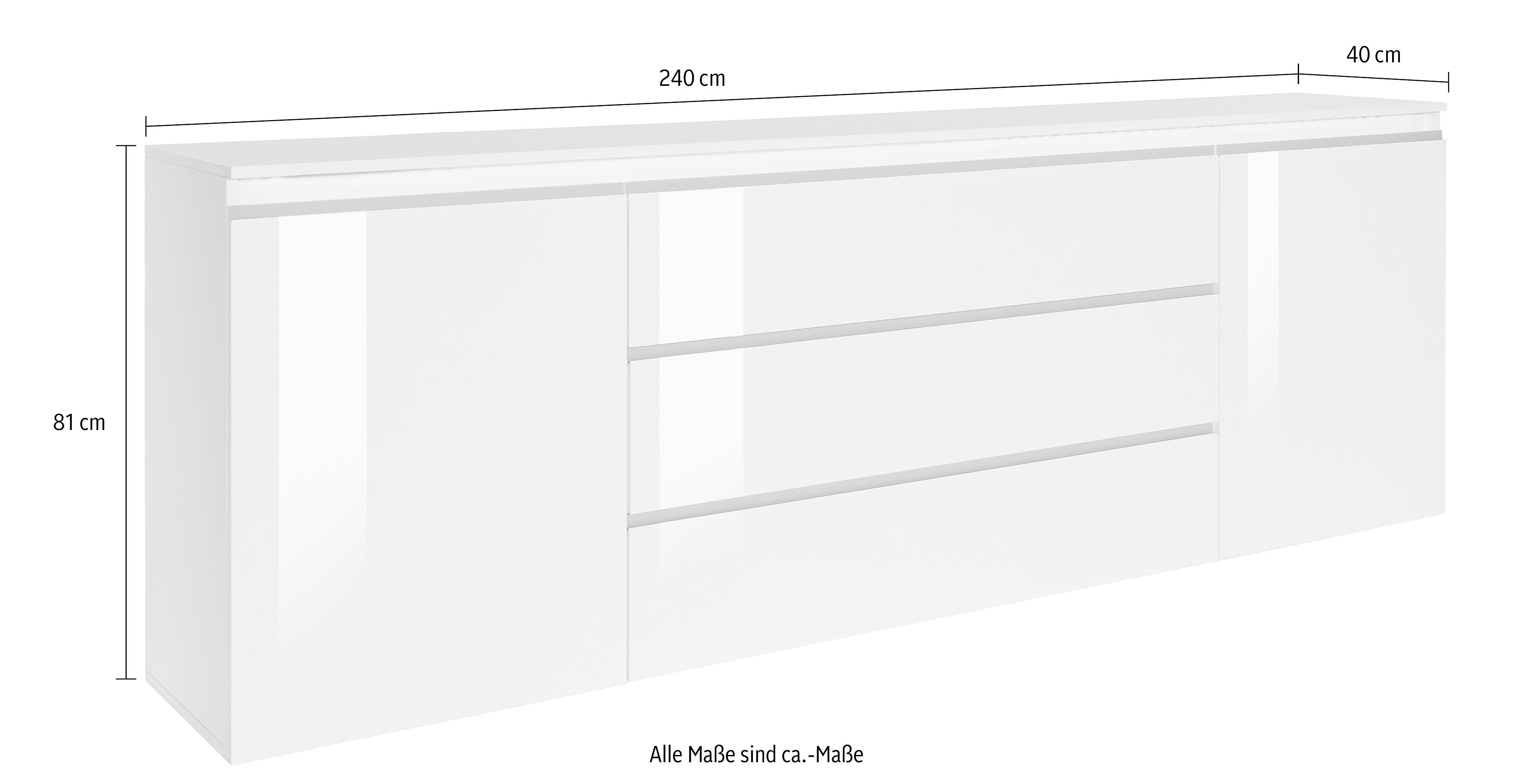INOSIGN Dressoir Magic, commode, kast, dressoir met 2 deuren en 3 lades hoogglans gelakt (b/d/h) 240x40x80 cm