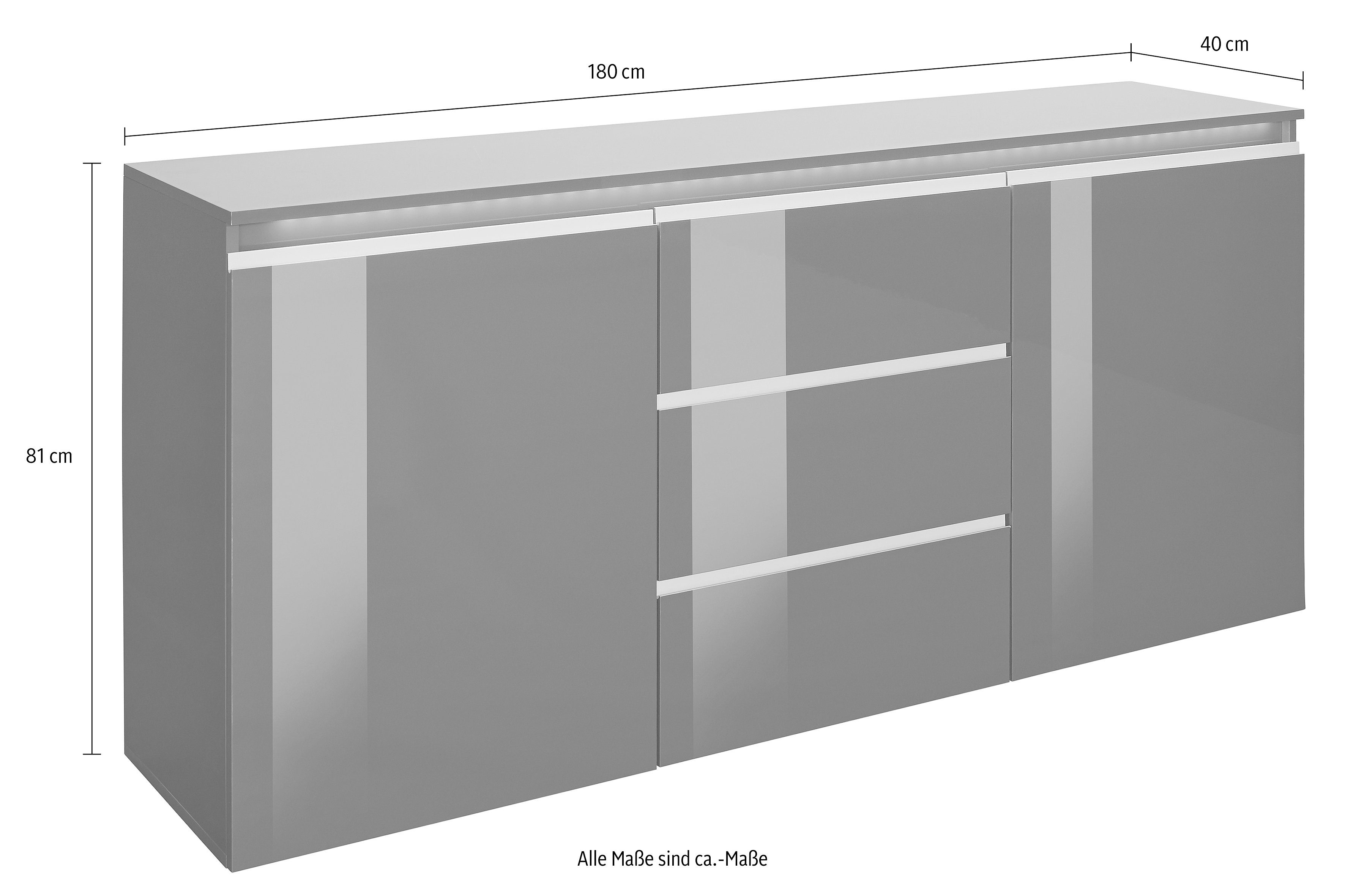 INOSIGN Dressoir Magic, commode, kast, dressoir met 2 deuren en 3 lades hoogglans gelakt (b/d/h) 180x40x80 cm