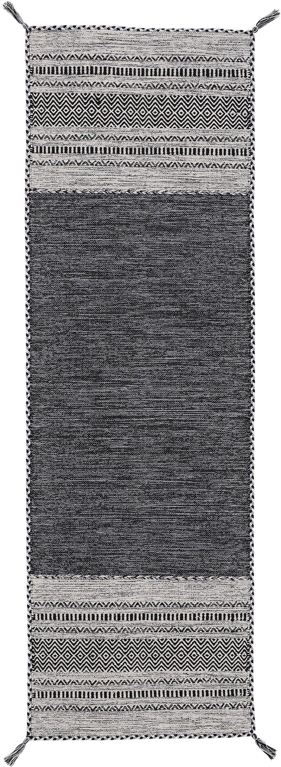 carpetfine Loper Kelim Azizi Katoenen, tweezijdig te gebruiken kleed met franje, woonkamer lopers maat 80x400 cm zwart