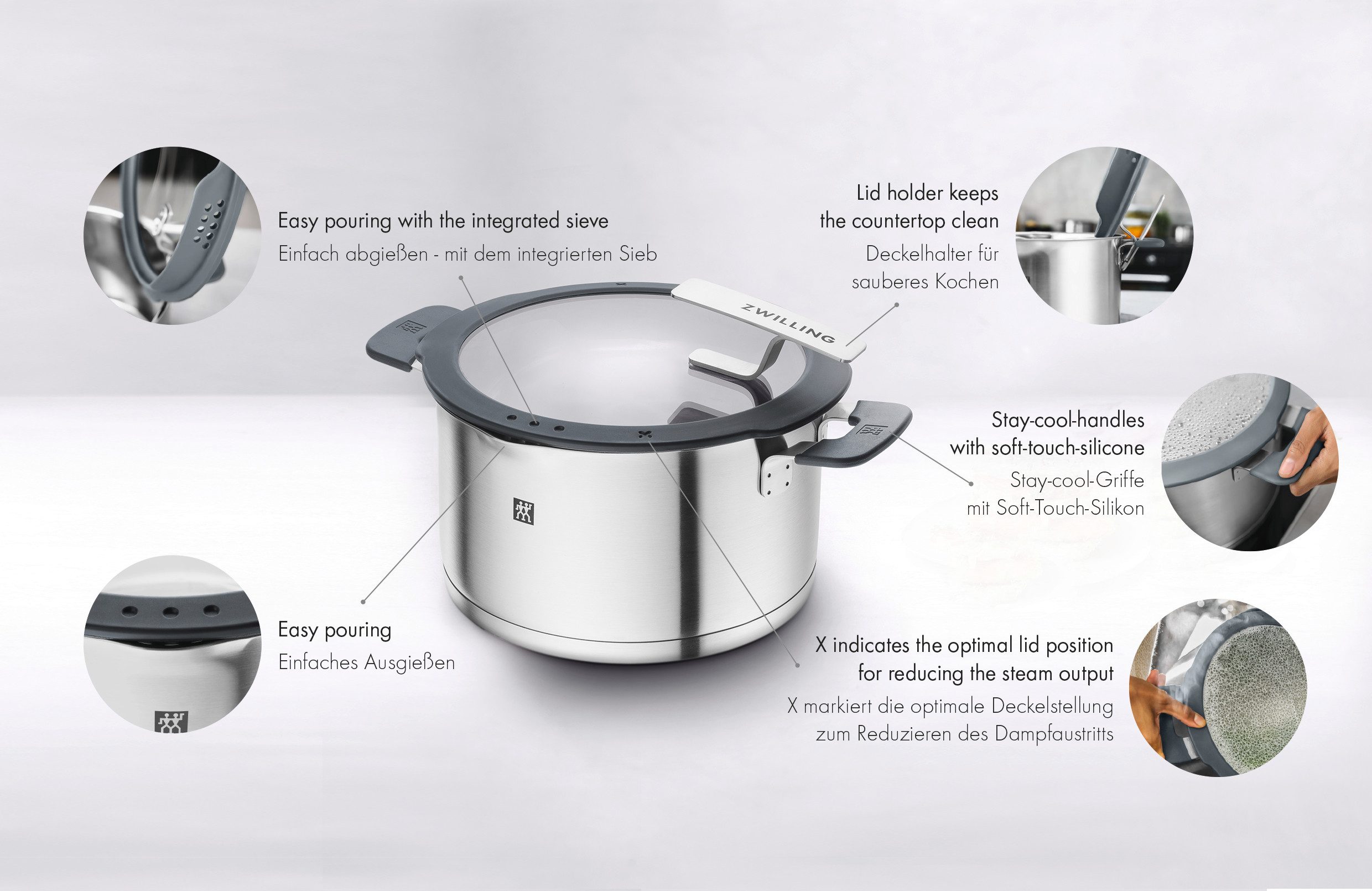 Zwilling Pannenset Simplify Sandwichbodem, stay-cool handgrepen, geïntegreerd zeefje(glas)dekselhouder (set, 9-delig)