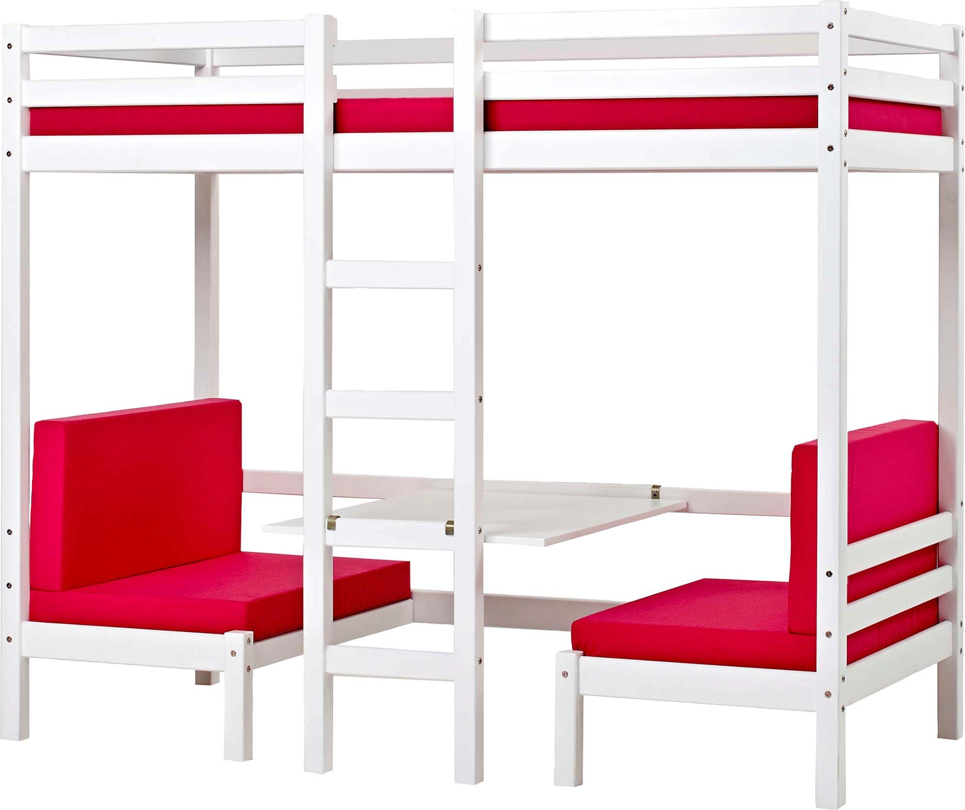 Hoppekids Hoogslaper Kinderbett ECO Dream, Einzelbett, Juniorbett 90x200 met zitgroep, matrassen (boven en onder) in roze, massief dennenhout/mdf