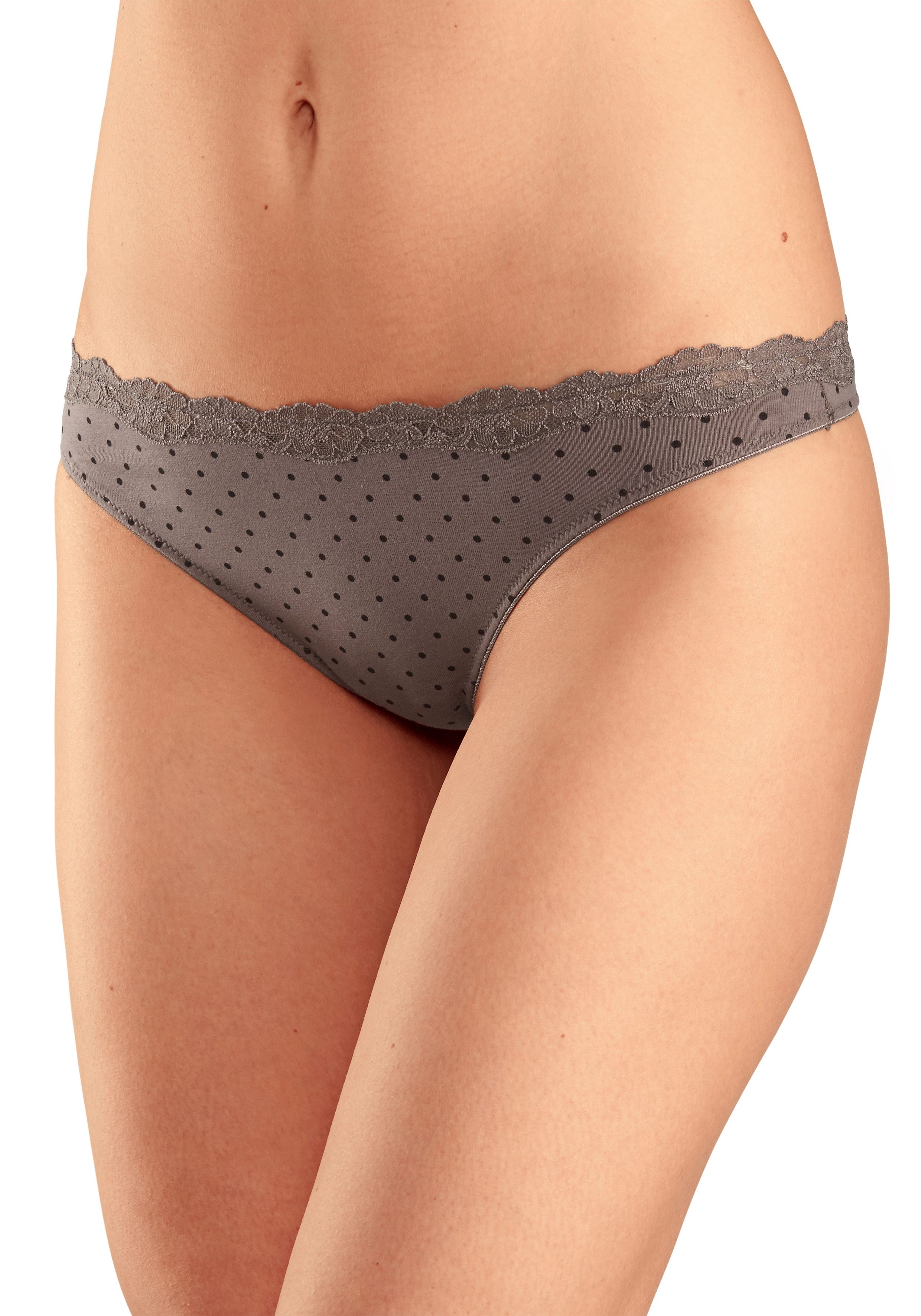 Lascana String van elastische katoen met delicate kant (3 stuks)