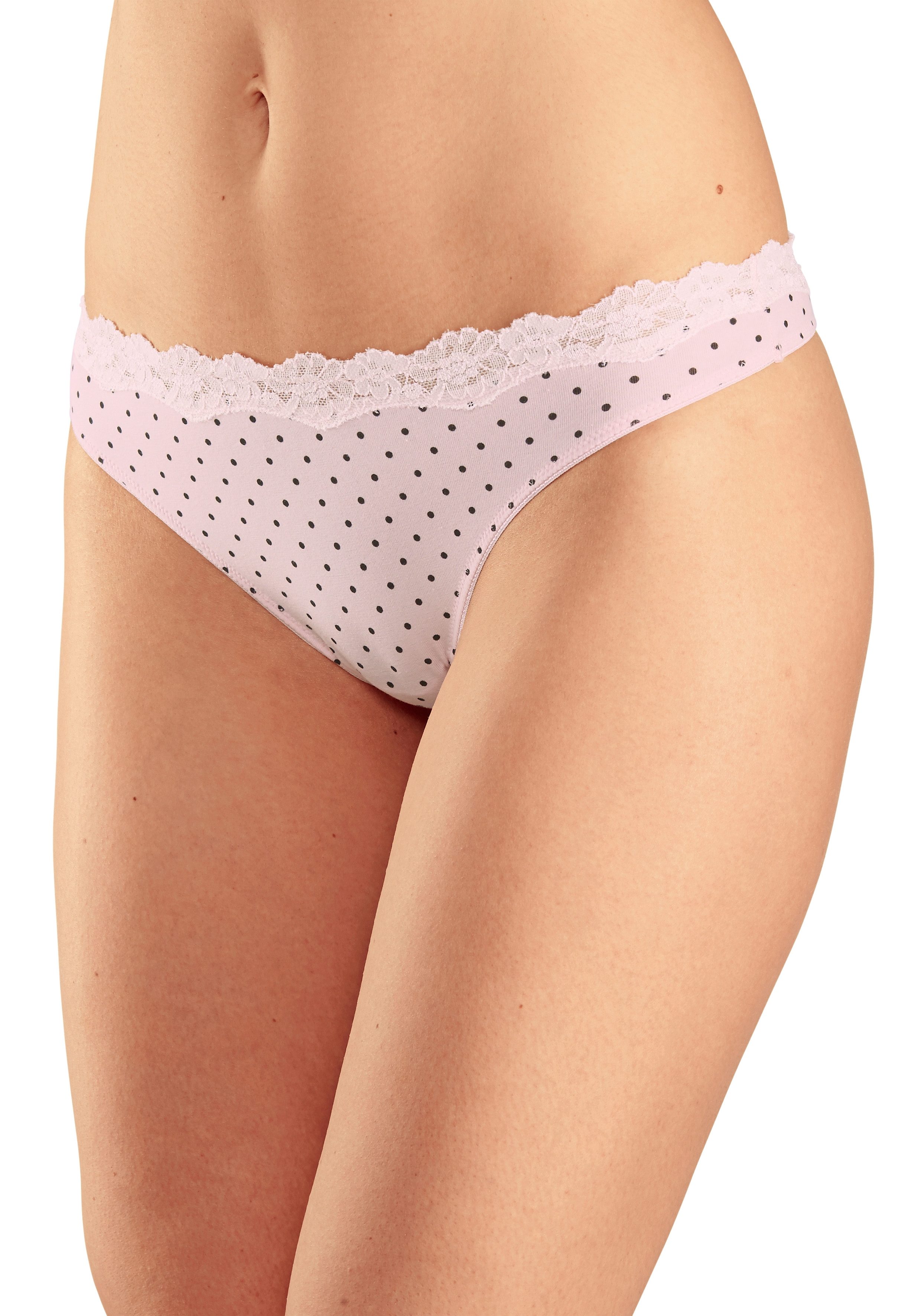 Lascana String van elastische katoen met delicate kant (3 stuks)