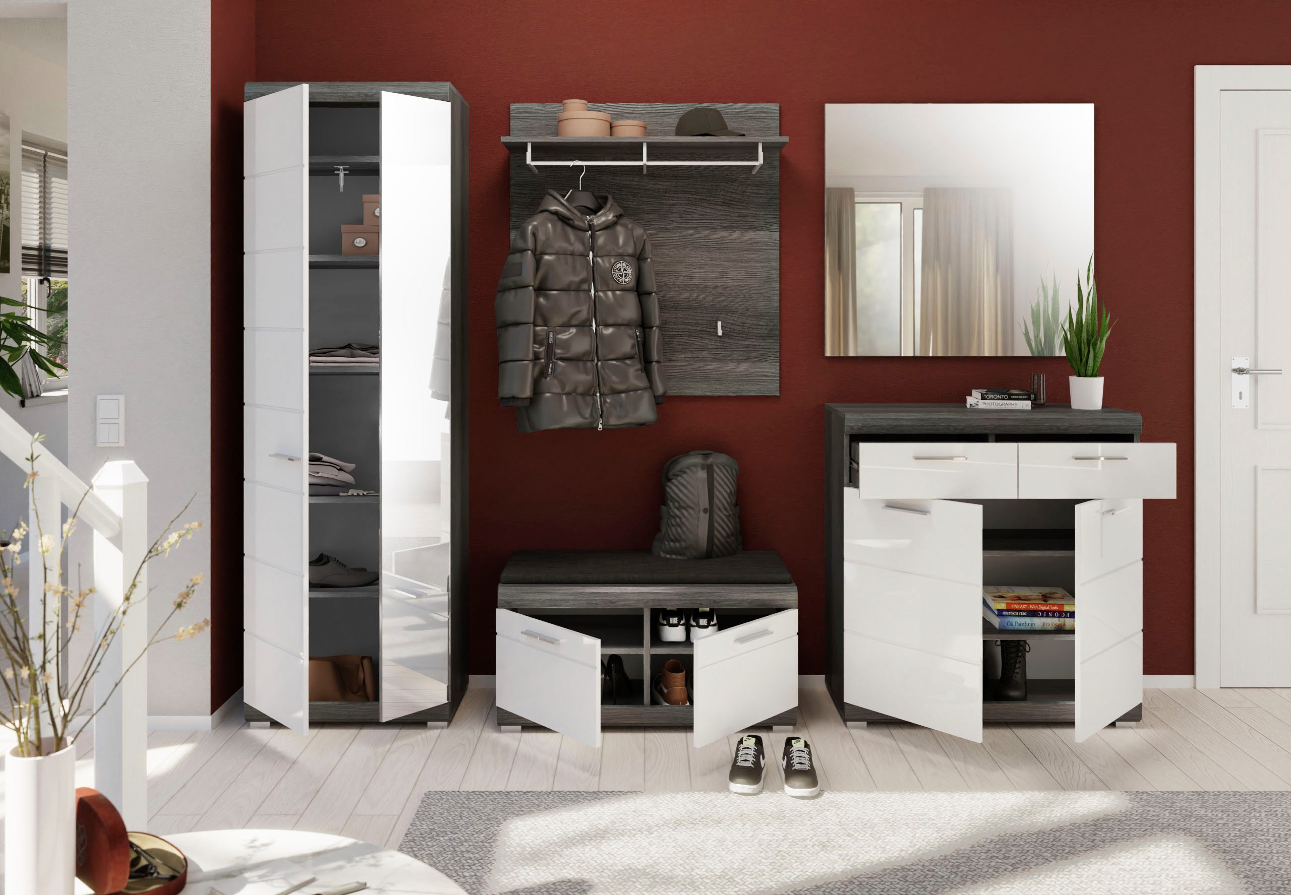 INOSIGN Schoenenkast Siena, Breedte 90 cm, 2 Deuren, 2 Planken, 3 Vakken, 2 Lades Front-groeffreesing, schoenenkommode, commode, buffetkast, sideboard