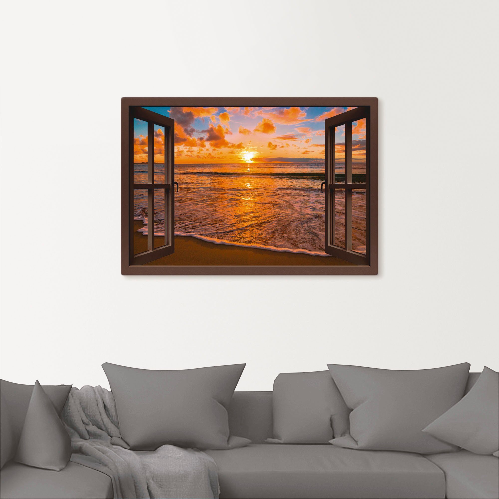 Artland Artprint Blik uit het venster zonsondergang aan het strand als artprint op linnen, poster, muursticker in verschillende maten