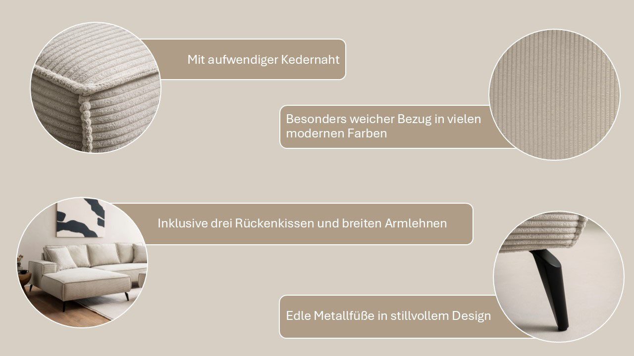 andas Zithoek TVINNU, Polsterecke L-Form, Schlaffunktion, met Hocker (set, 2-delig)
