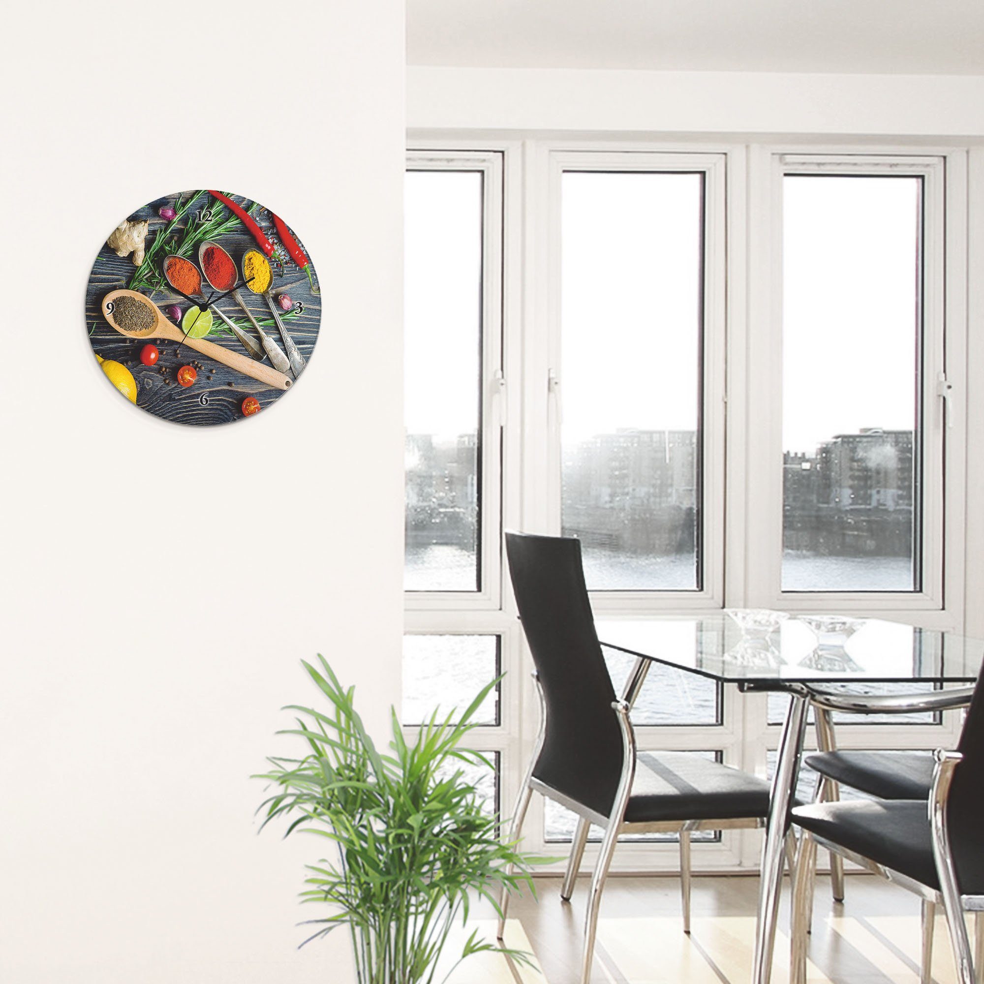 Artland Wandklok Glazen klok rond specerijen in metalen lepels optioneel verkrijgbaar met kwarts- of radiografisch uurwerk, geruisloos zonder tikkend geluid