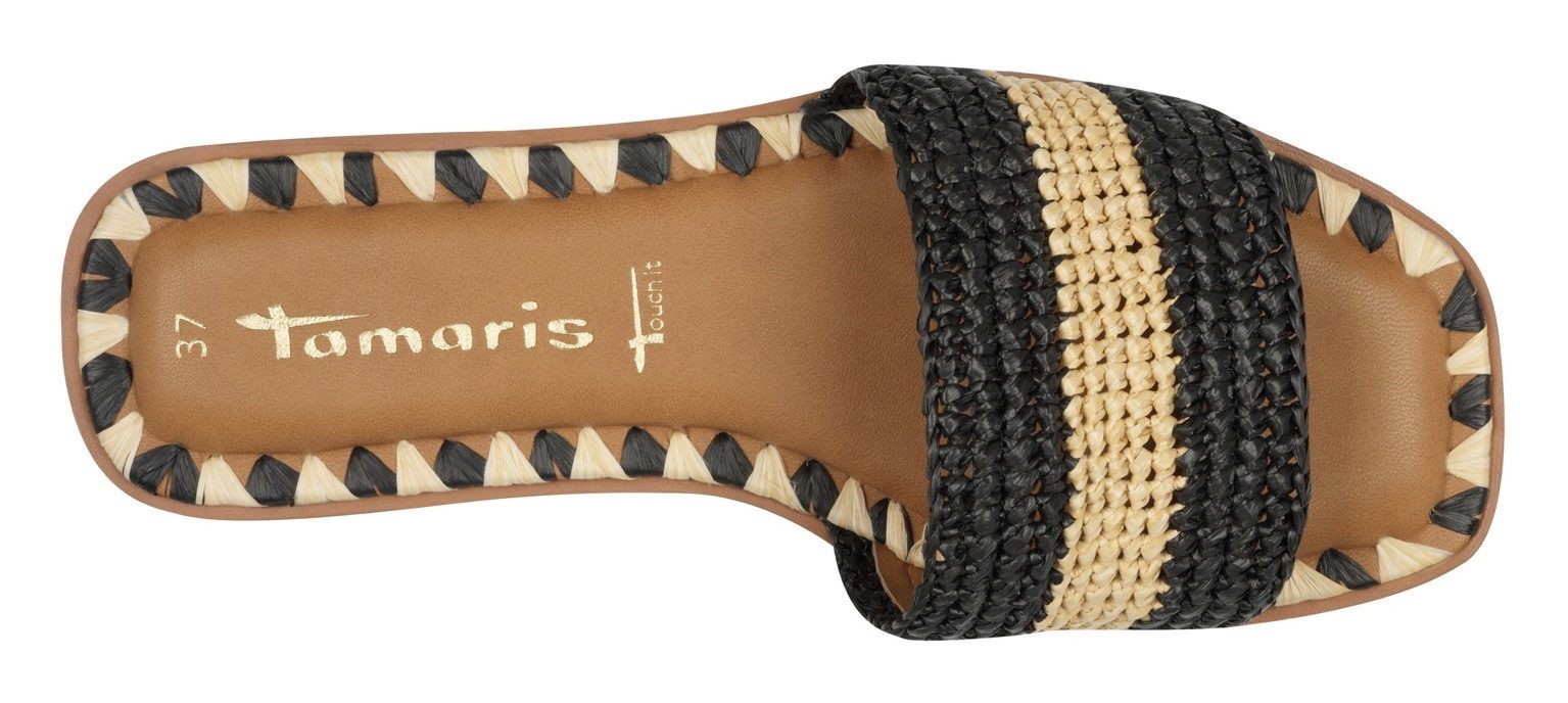 Tamaris Slippers , blokhak, zomerschoen, strandschoen, tweekleurige bies van bamboe