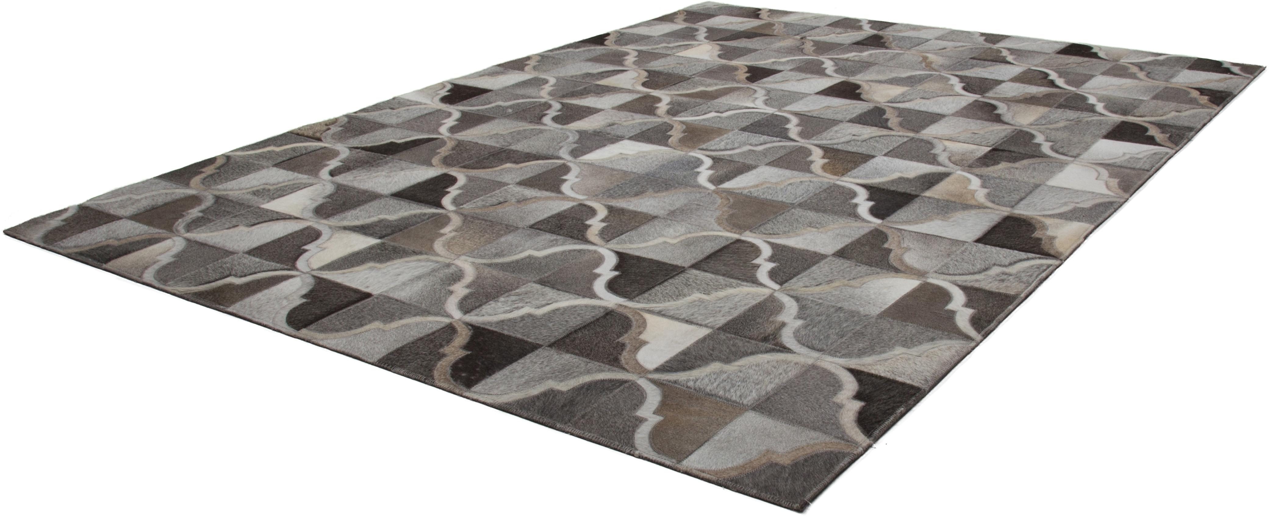 Kayoom Vachtvloerkleed Lavish 310 leren tapijt Patchwork echt leer bont, woonkamer dieren vloerkleden maat 120x170 cm grijs