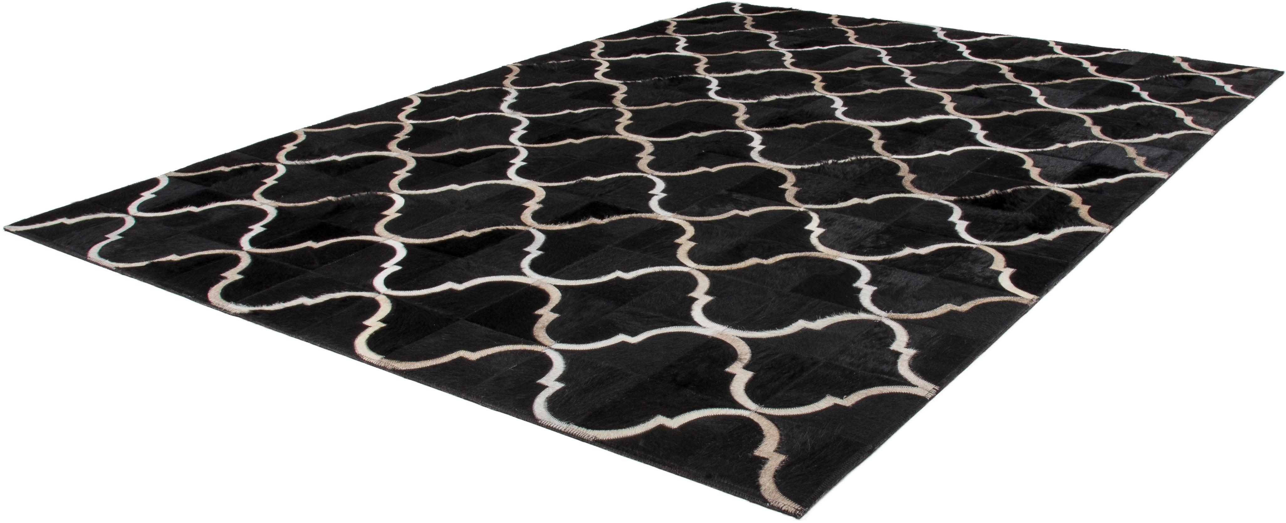 Kayoom Vachtvloerkleed Lavish 310 leren tapijt Patchwork echt leer bont, woonkamer dieren vloerkleden maat 120x170 cm zwart