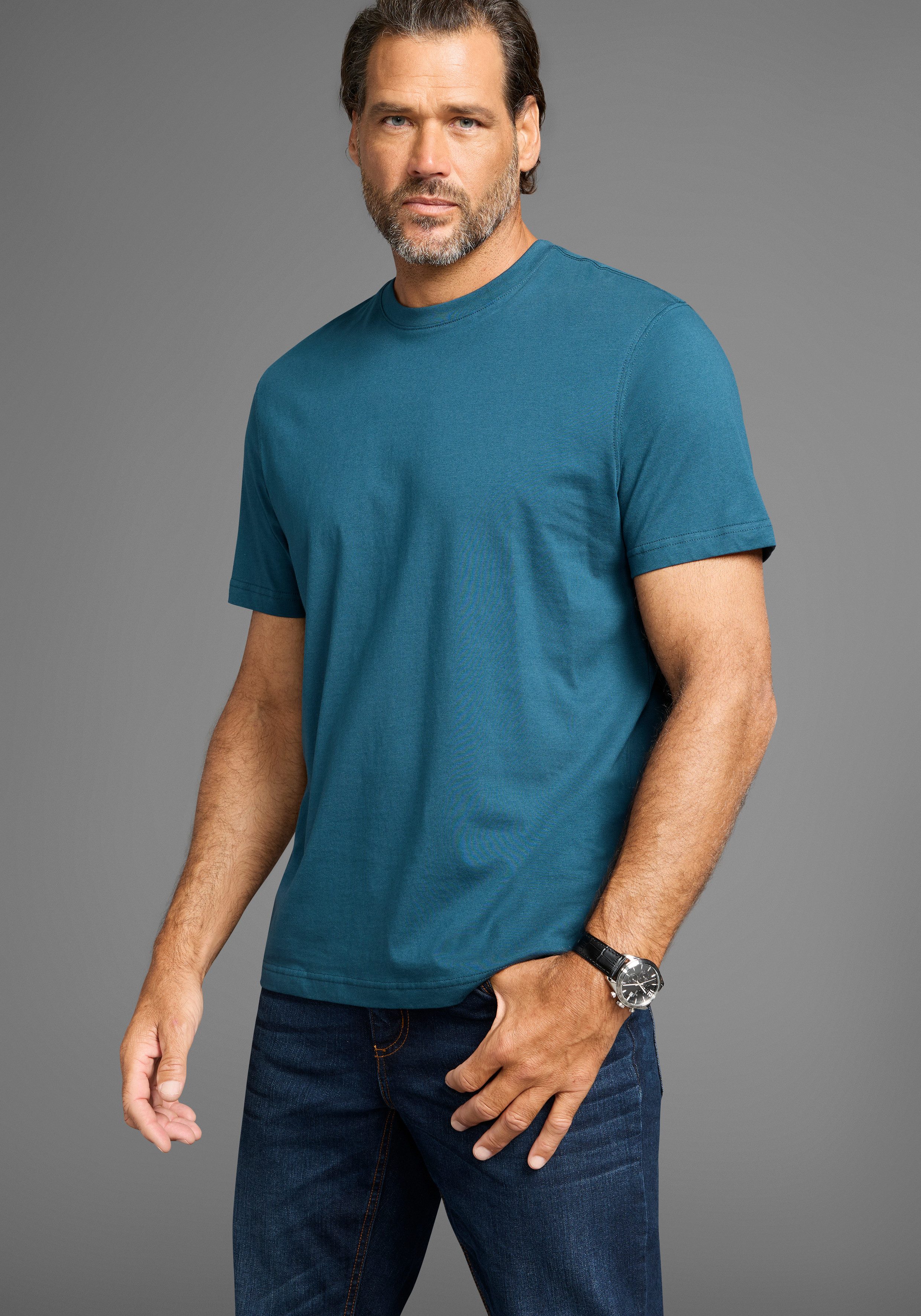 Man's World Shirt met ronde hals Korte mouwen, regular fit, effen, ronde hals, van katoen (5-delig, Set van 5)