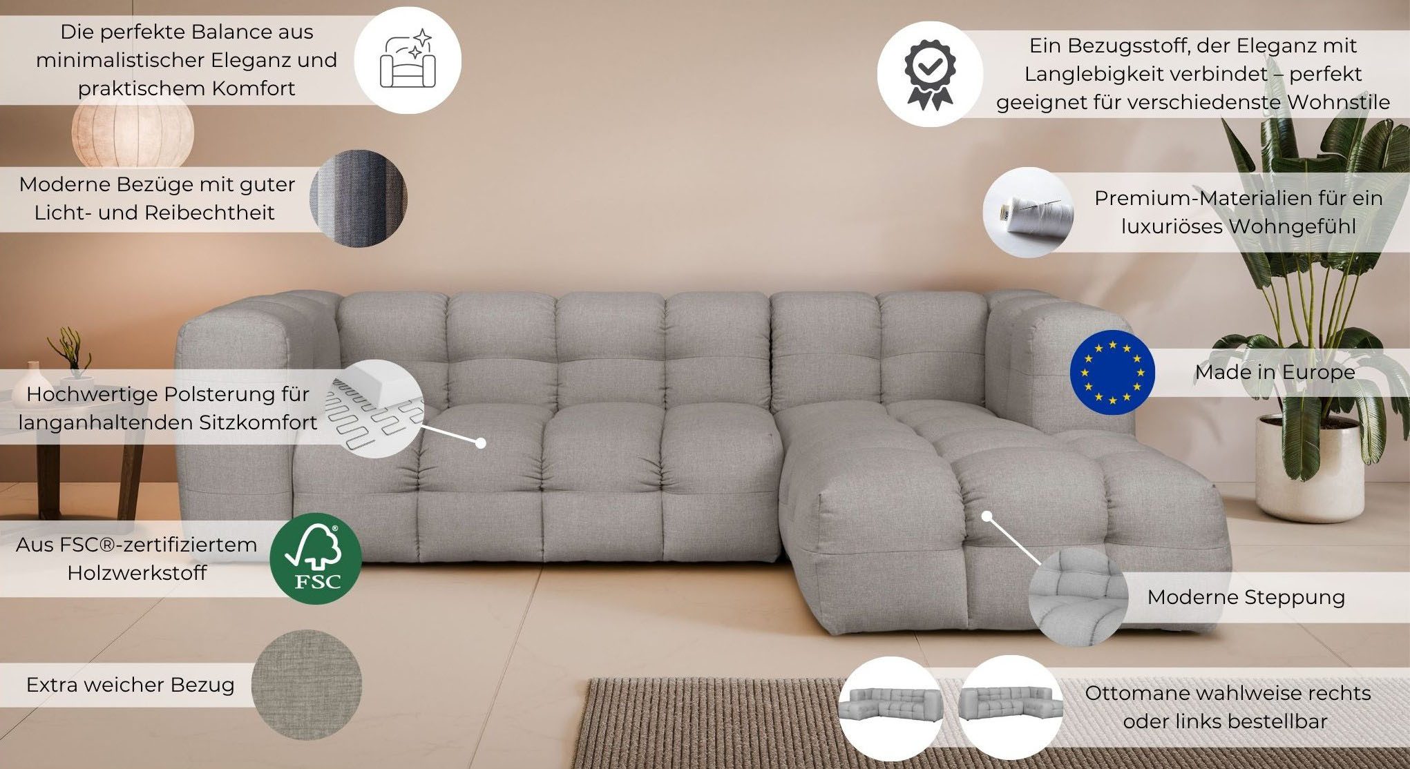 LeGer Home by Lena Gercke Hoekbank TALISHA L-Form Designersofa, moderne Steppung, B/T/H: 276/178/75 cm modern gestikt patroon, hoog zitcomfort