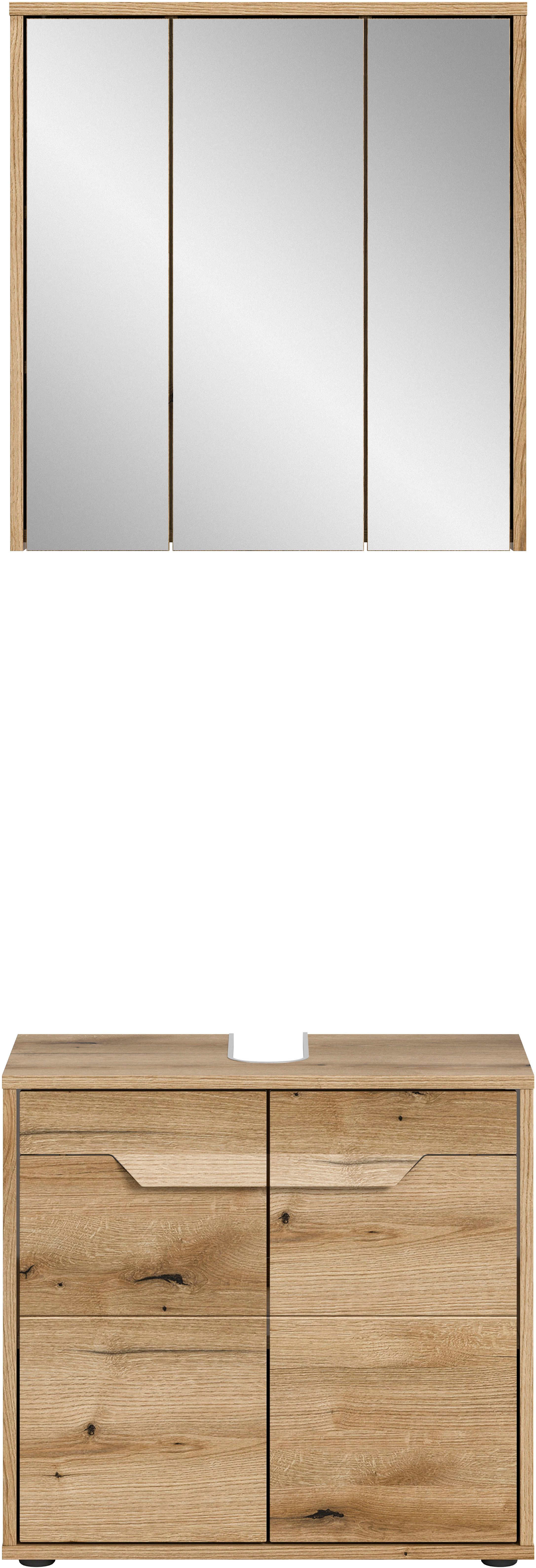 welltime Badmeubelset Kayu, bestaande uit: wastafelonderkast, spiegelkast hoogwaardige mdf voorkant met groeffrezen, bad, badkamer set, badkamer