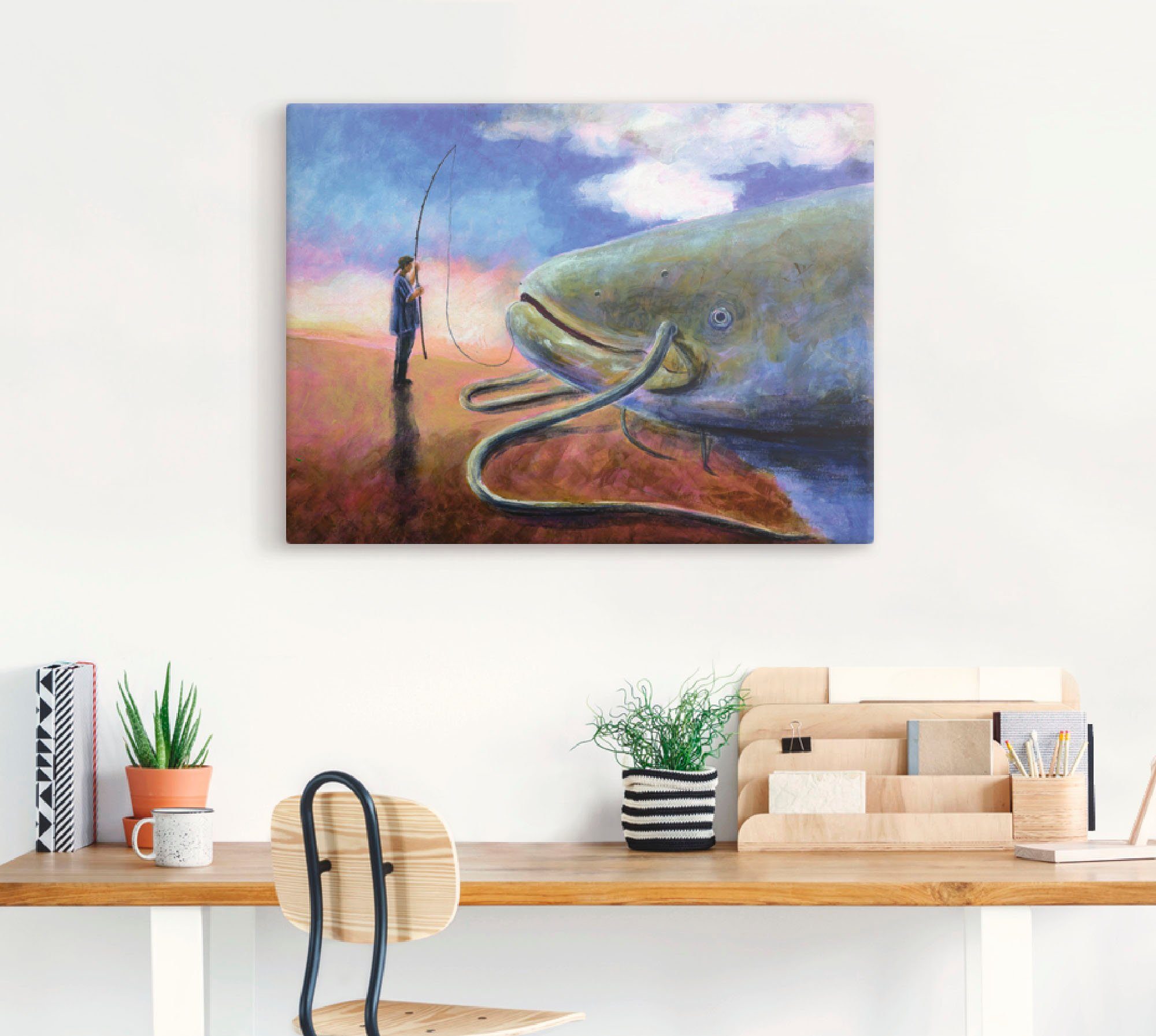 Artland Artprint Een dikke vis op de oever trekken als artprint op linnen, muursticker in verschillende maten