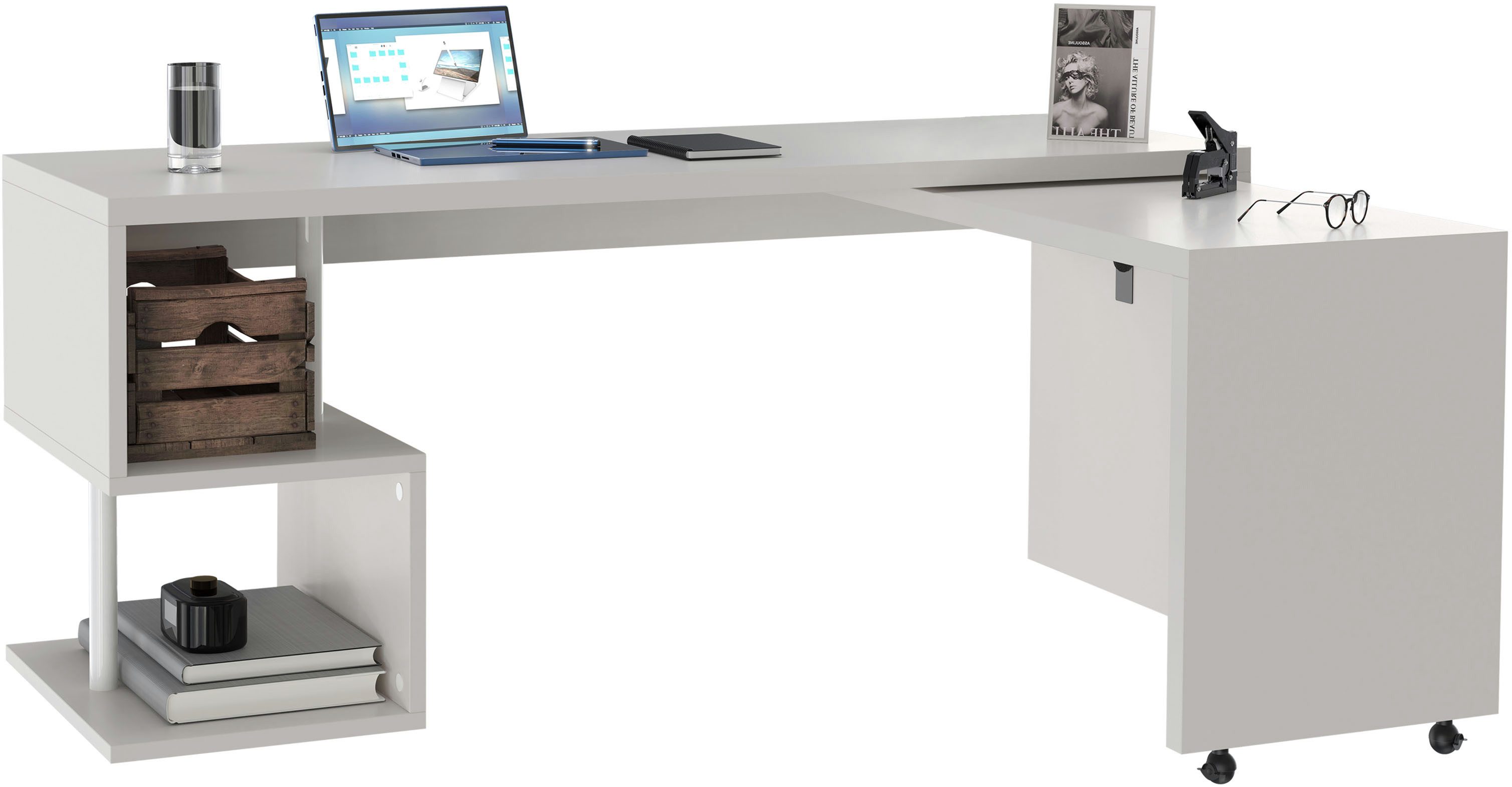 Places of Style Bureau Lopar, hoekbureau , rolbaar tafel-element, ruime werkruimte, hoek 180x129 cm
