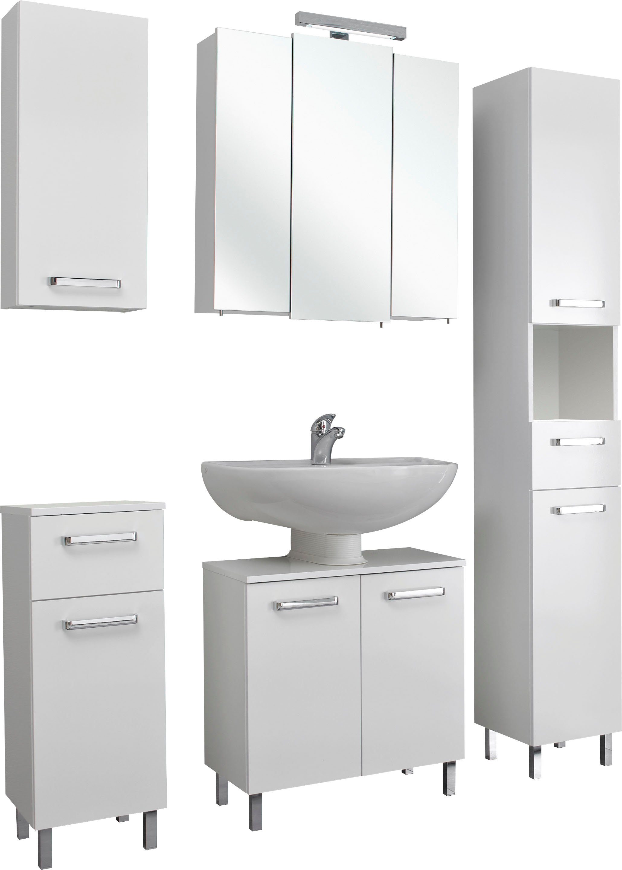 Saphir Badkamerserie Quickset 5-delig, wastafelonderkast met led-spiegelkast Hoge kast, onderkast, hangend kastje, inclusief deurdemper, 8 deuren