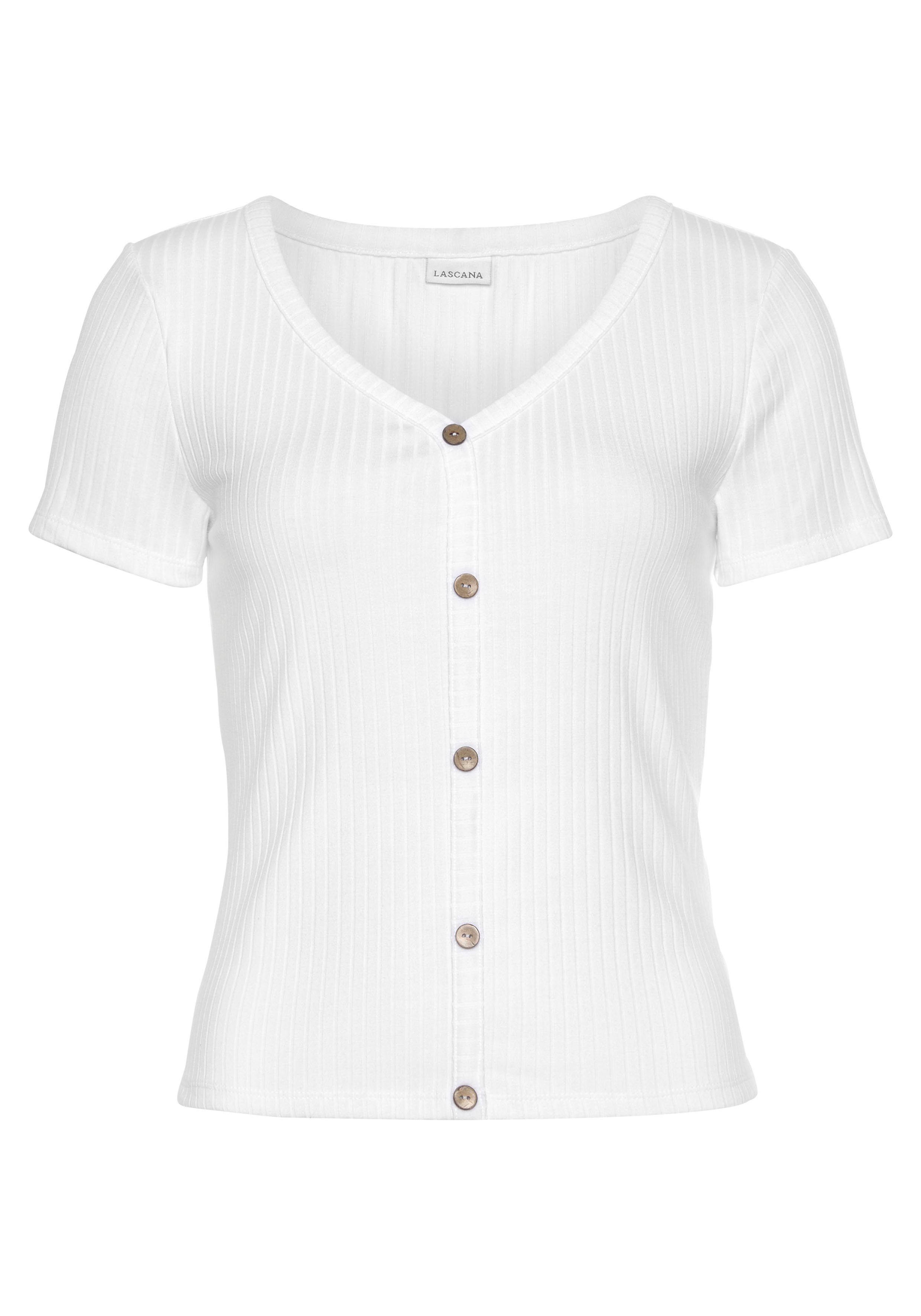 Lascana Shirt met korte mouwen van geribde stof met decoratieve knoopsluiting, t-shirt, v-hals