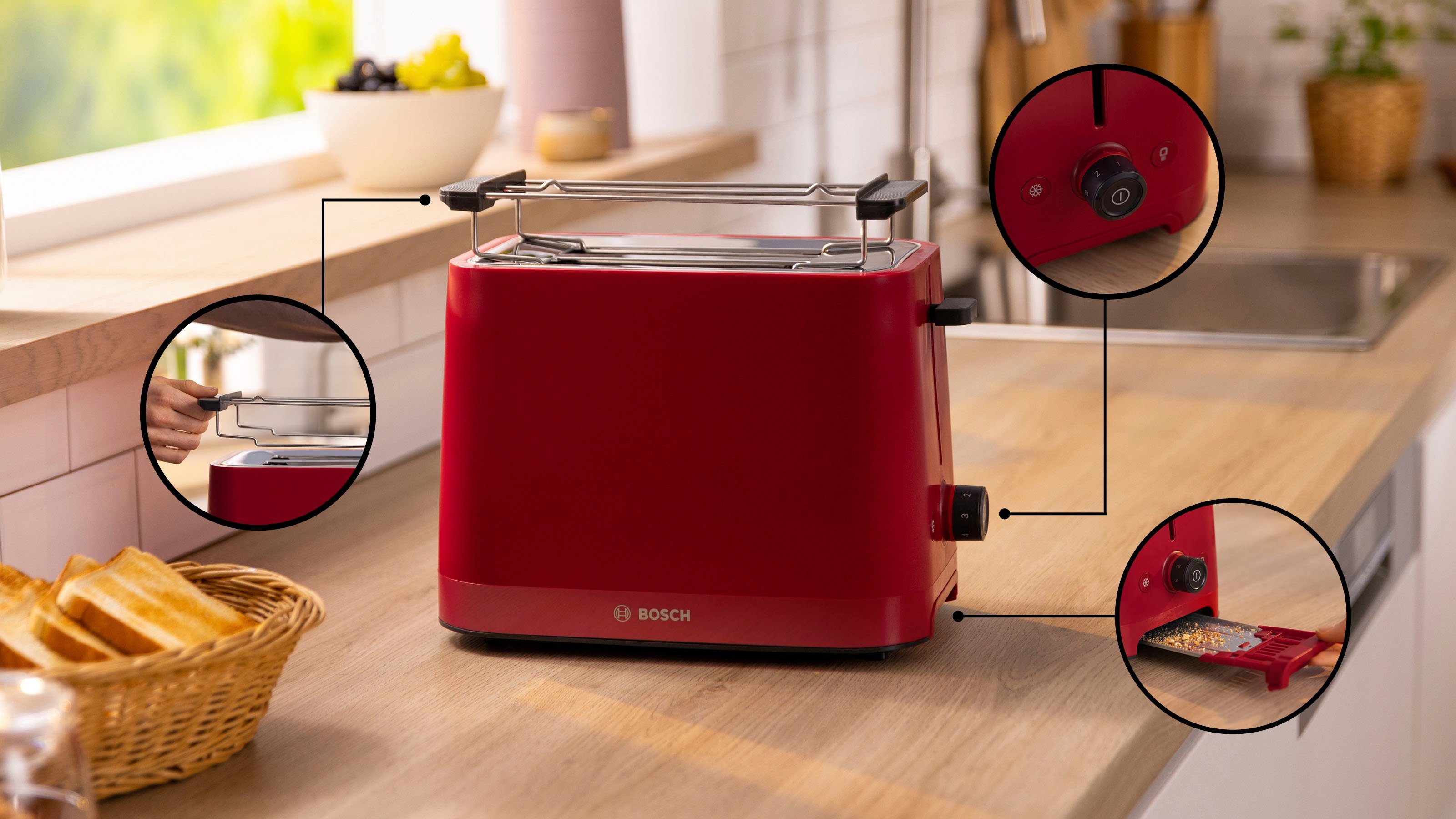 BOSCH Toaster MyMoment TAT3M124 afneembare opzet voor broodjes, ontdooi-functie, brood centreren, auto off