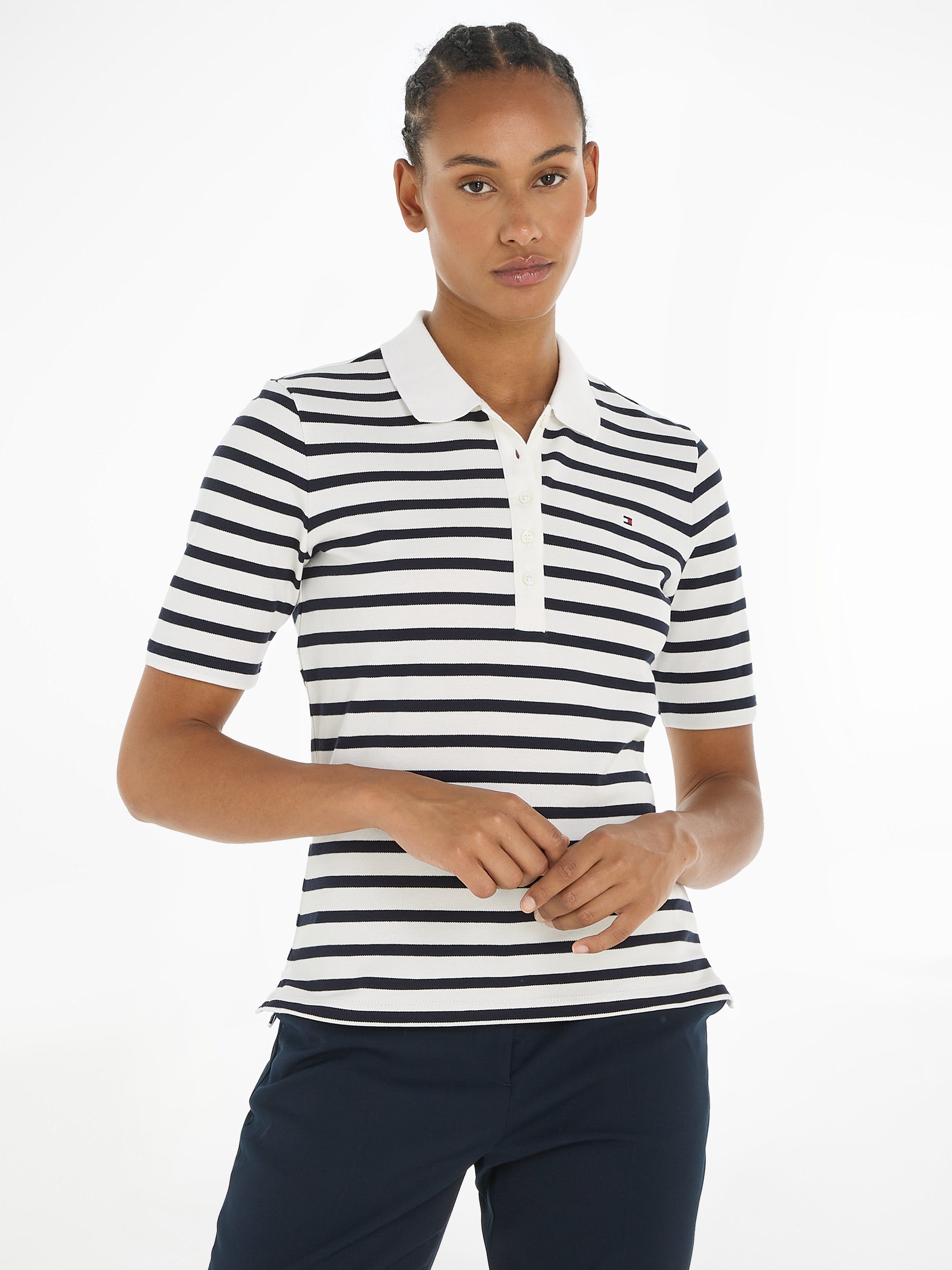 Tommy Hilfiger Poloshirt 1985 REG PIQUE STRIPE POLO SS met discreet geborduurd tommy hilfiger logo dames polo's maat M (38) blauw