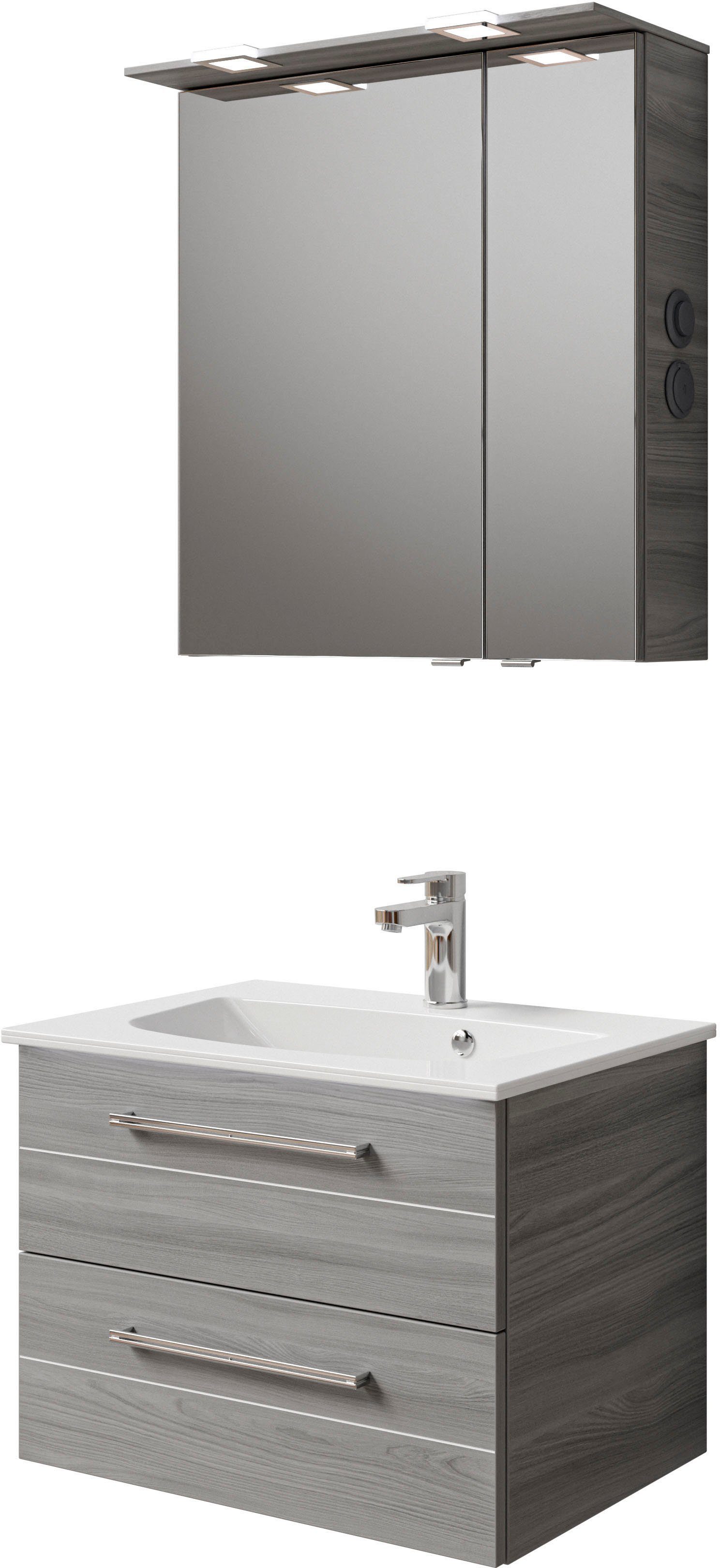 Saphir Badkamerserie Serie 6025 2-delig, mineraalmarmeren wastafel met led-spiegelkast Wastafelmeubel 67 cm breed, 2 laden, 2 spiegeldeuren, incl.