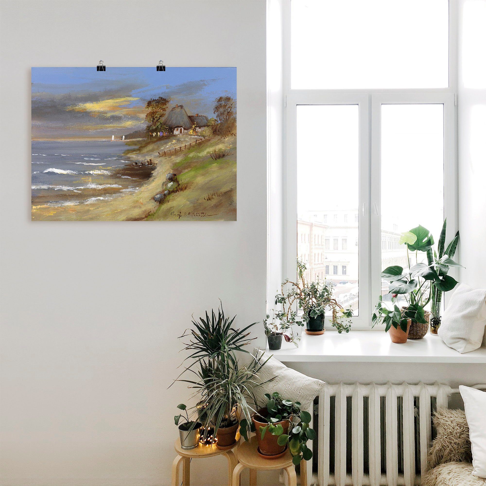 Artland Poster Wit huis met rieten dak aan de zee als artprint op linnen, muursticker of poster in verschillende maten