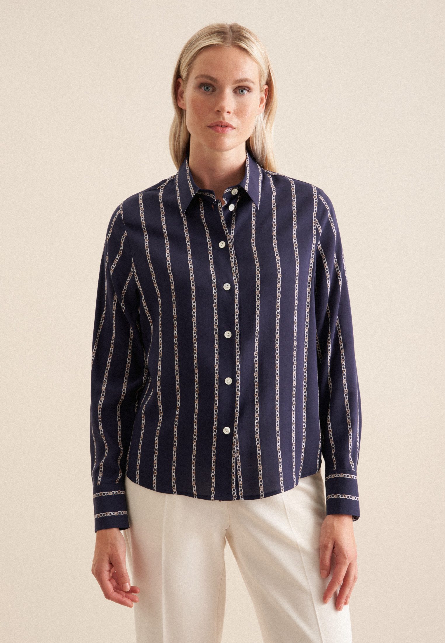 seidensticker Overhemdblouse Zwarte roos Lange mouwen kraag kettingenprint dames lange blouses maat S (36) blauw