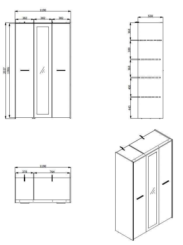 INOSIGN Kledingkast Varadero, 2 moderne kleurcombinaties met zwarte handgrepen met 1 spiegeldeur, in de breedtes 119 en 157 cm, fsc-gecertificeerd