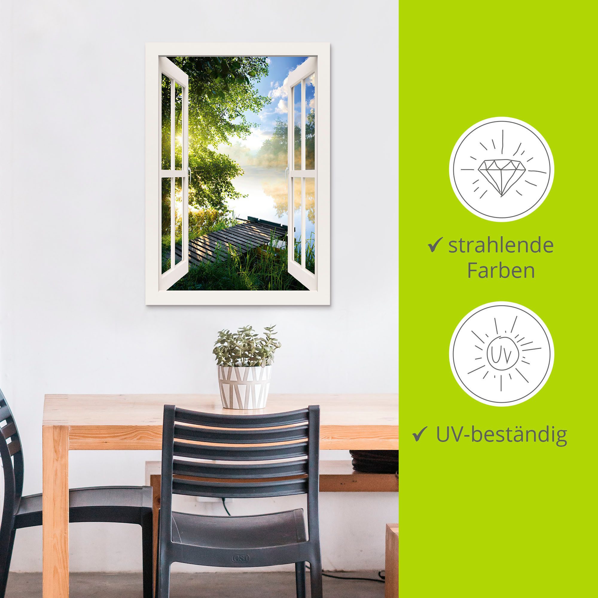 Artland Artprint Blik uit het venster visplek bij de rivier als artprint van aluminium, artprint voor buiten, artprint op linnen, poster, muursticker