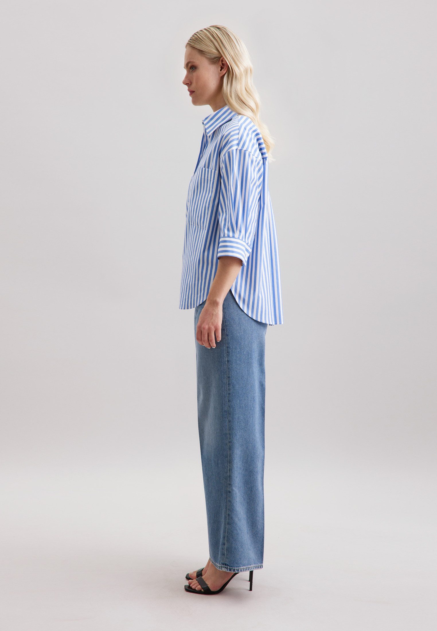 seidensticker Lange blouse Zwarte roos Korte mouwen kraag strepen