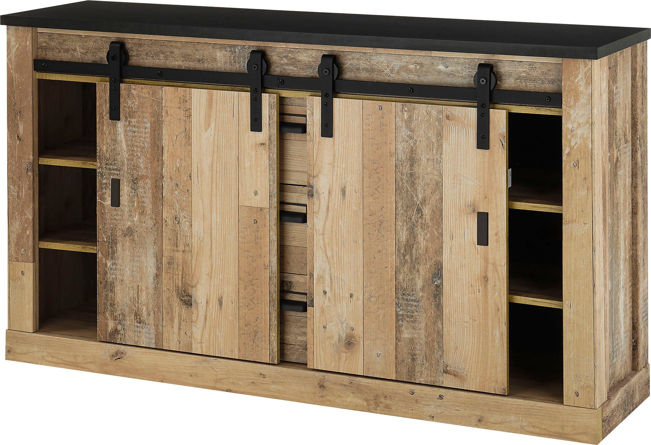 Home affaire Dressoir Sherwood Houtdecor, met schuurdeurbeslag en apothekersgrepen, breedte 161 cm